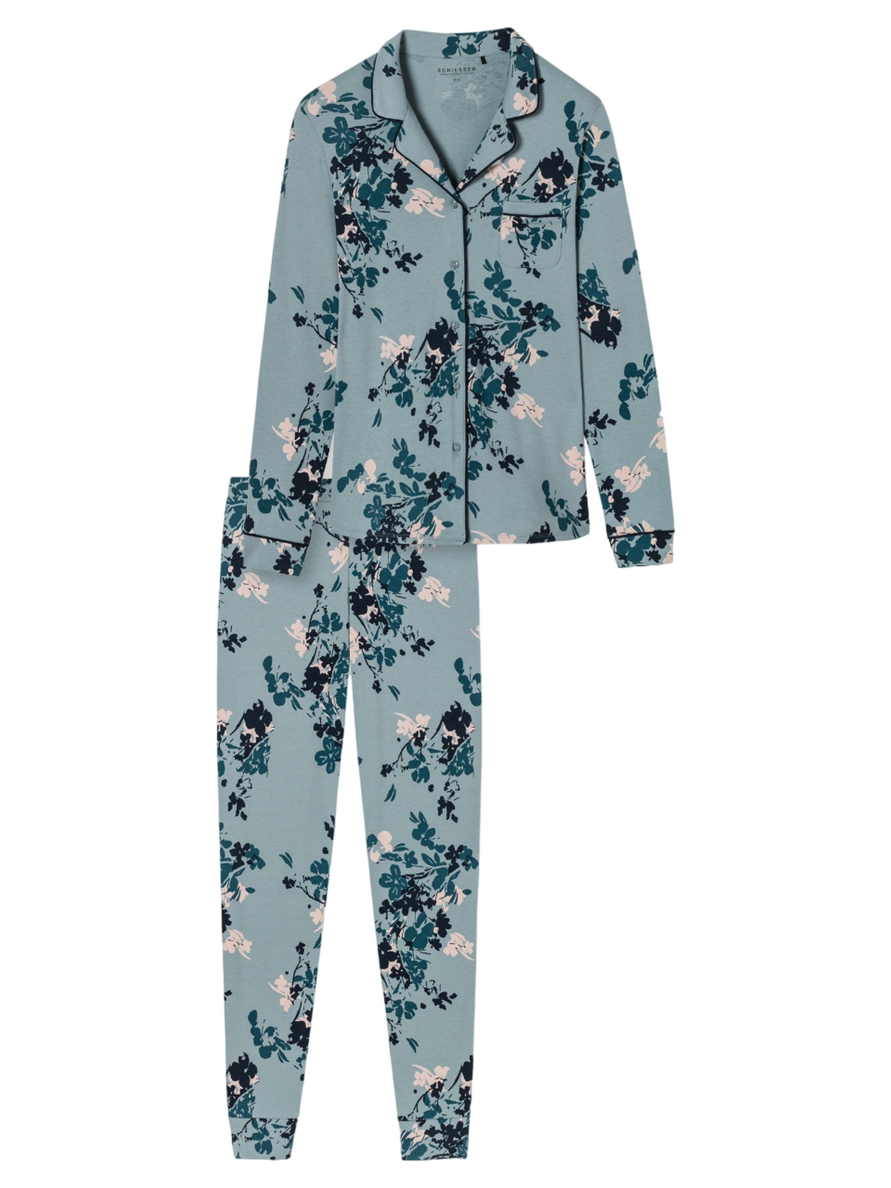 Schiesser Schiesser Damen Schlafanzug Lang mit Bündchen Baumwolle - Nightwear Women's Pyjamas Set, Graphite_181987