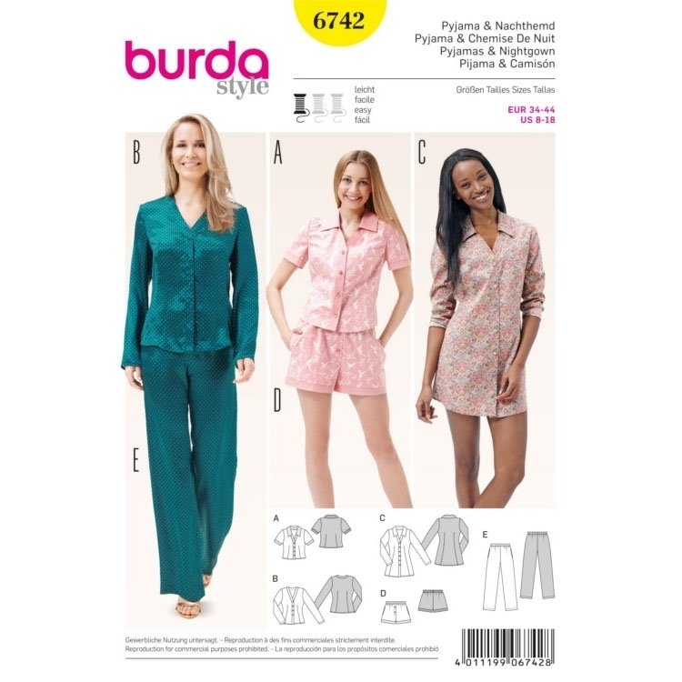 Burda Schnittmuster 6742 Damen Pyjama Nachthemd Alfatex Webshop