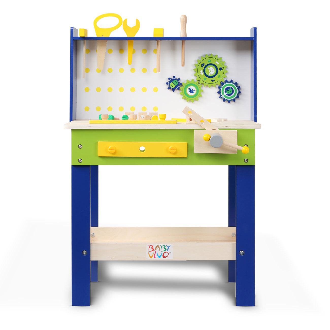 Baby Vivo Spielwerkbank / Werkbank für Kinder aus Holz - Luigi mit  drehbaren Zahnrädern und 29 Teilen Zubehör, MA Trading