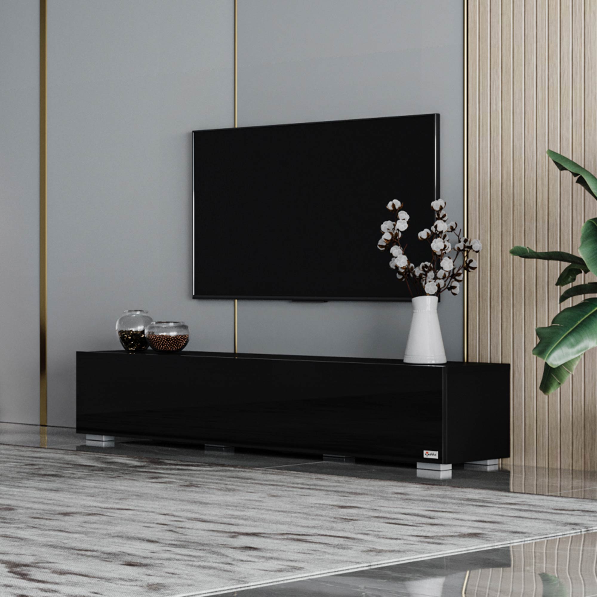 Tavolino basso porta TV e monitor in plexiglass nero lucido 10 mm