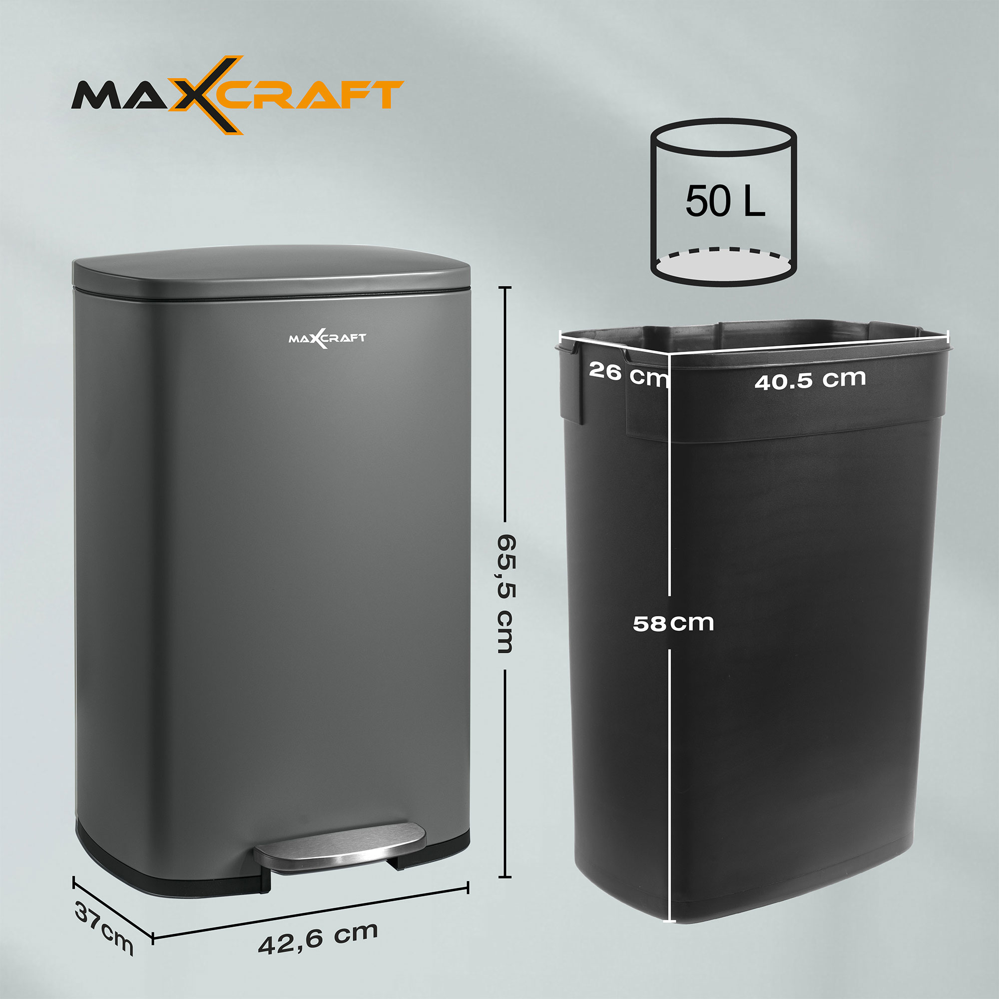 Poubelle de Cuisine 50 L, Fermeture en Douceur, avec Pédale, en Acier Poubelle de Cuisine 50 L, Fermeture en Douceur, avec Pédale, en Acier