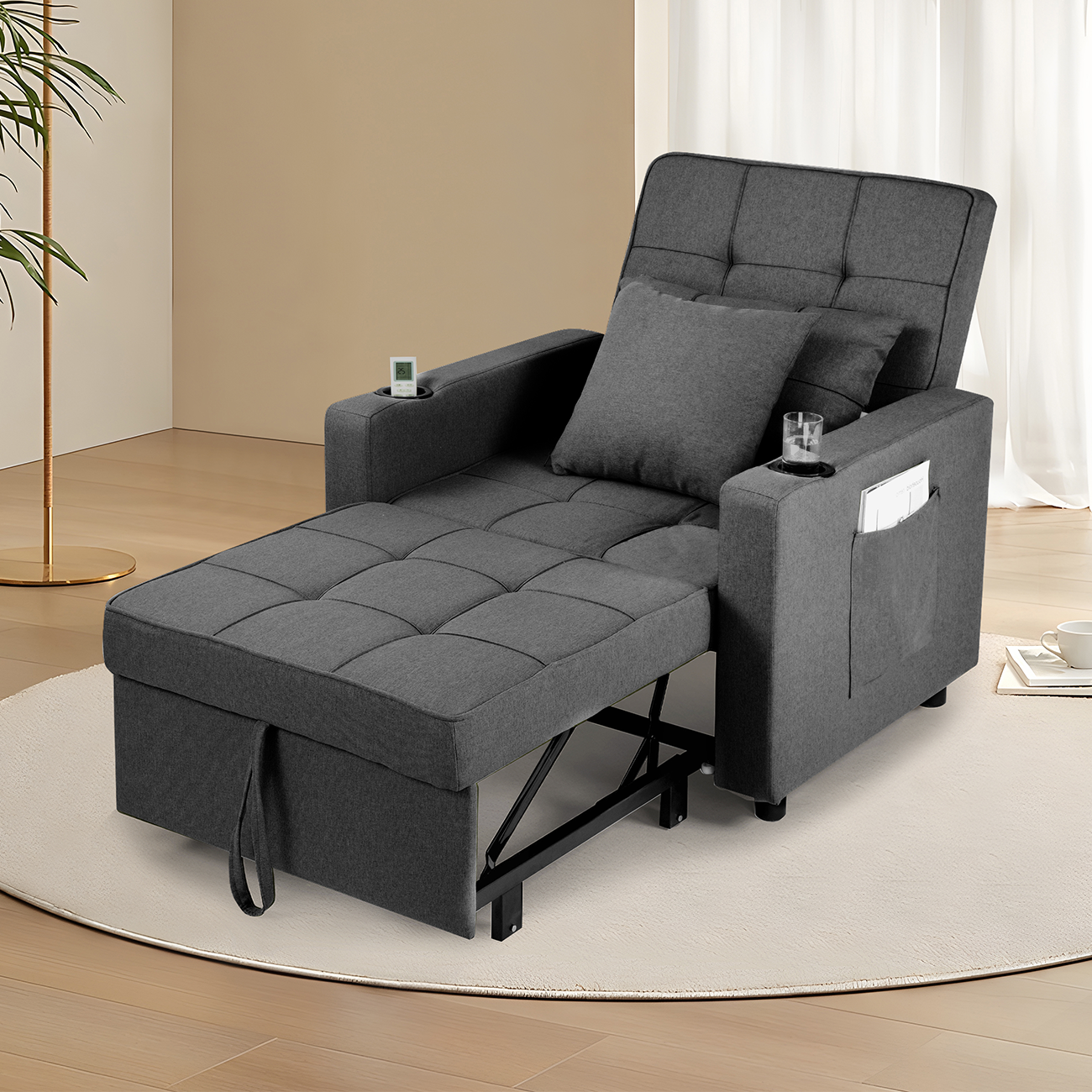 Fauteuil-lit Makika Pliable – Chauffeuse Convertible 5 Positions, Tissu Gris, 200kg