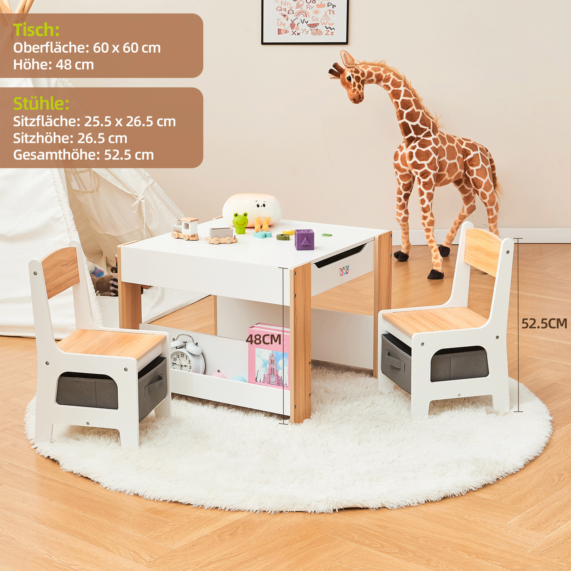 Set Tavolo E 2 Sedie Per Bambini Puecrof - Legno Di Betulla, Van Portaoggetti, 106x58 Cm