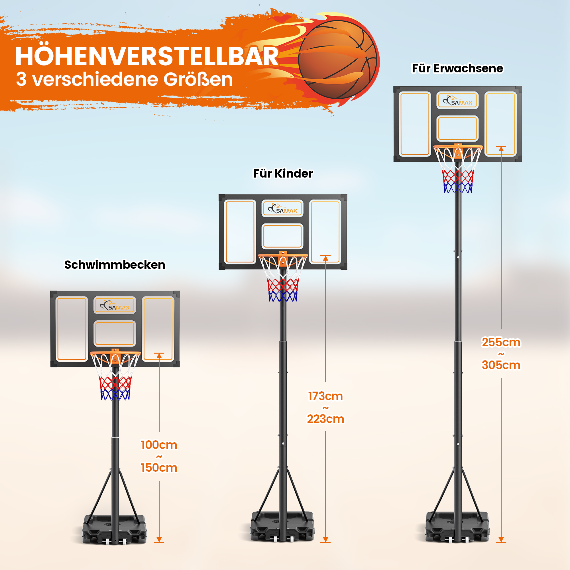 SAMAX Basketballkorb – Höhenverstellbar 100–305 Cm, Mit Rollen, Wetterfestes Netz, Standfuß Mit Wasser/Sand-Füllung (36 L) – Indoor/Outdoor, Für Kinder & Erwachsene