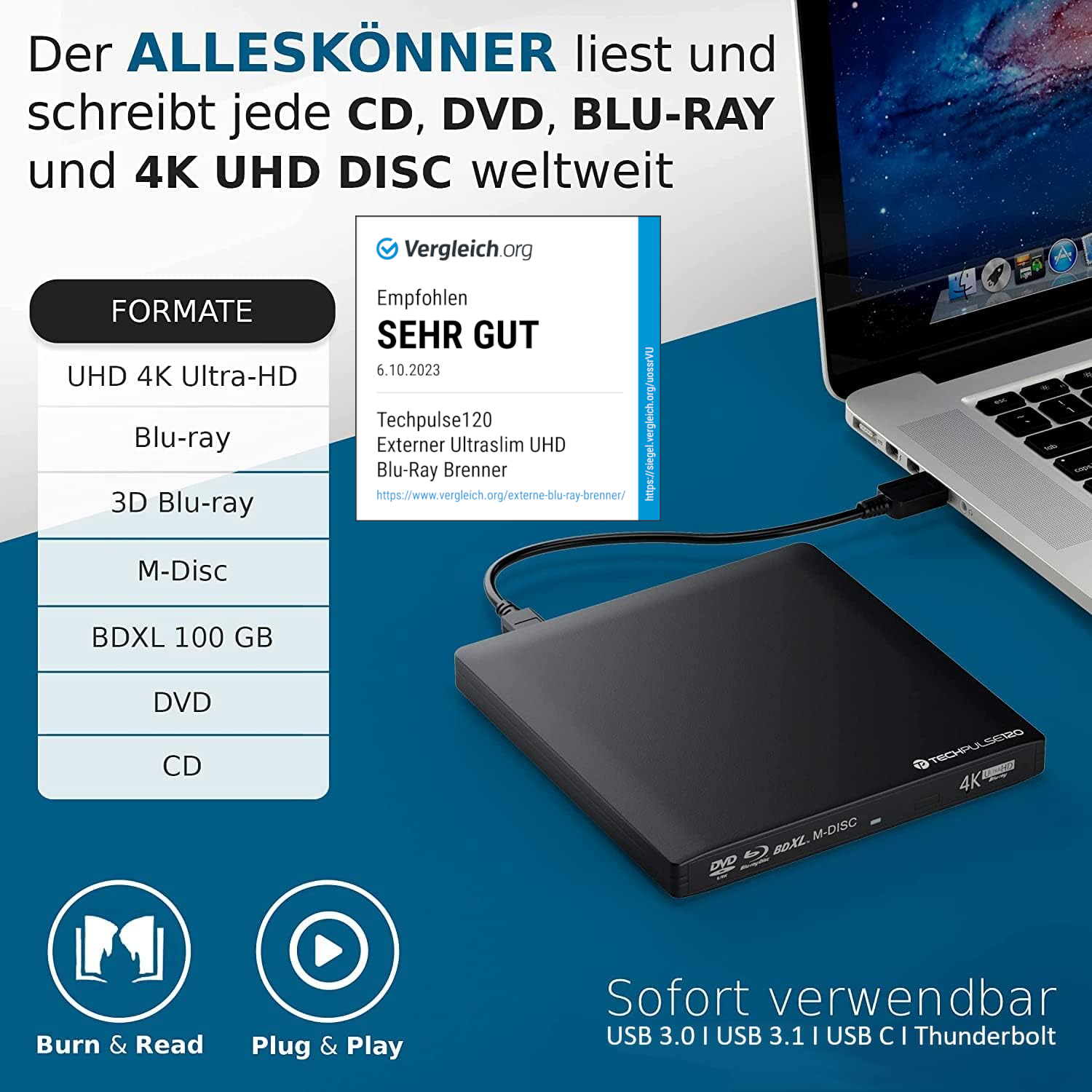 techPulse120 Externes UHD 4k 3D M-DISC USB 3.0 Blu-ray DVD CD Brenner Laufwerk techPulse120 Externes UHD 4k 3D M-DISC USB 3.0 Blu-ray DVD CD Brenner Laufwerk