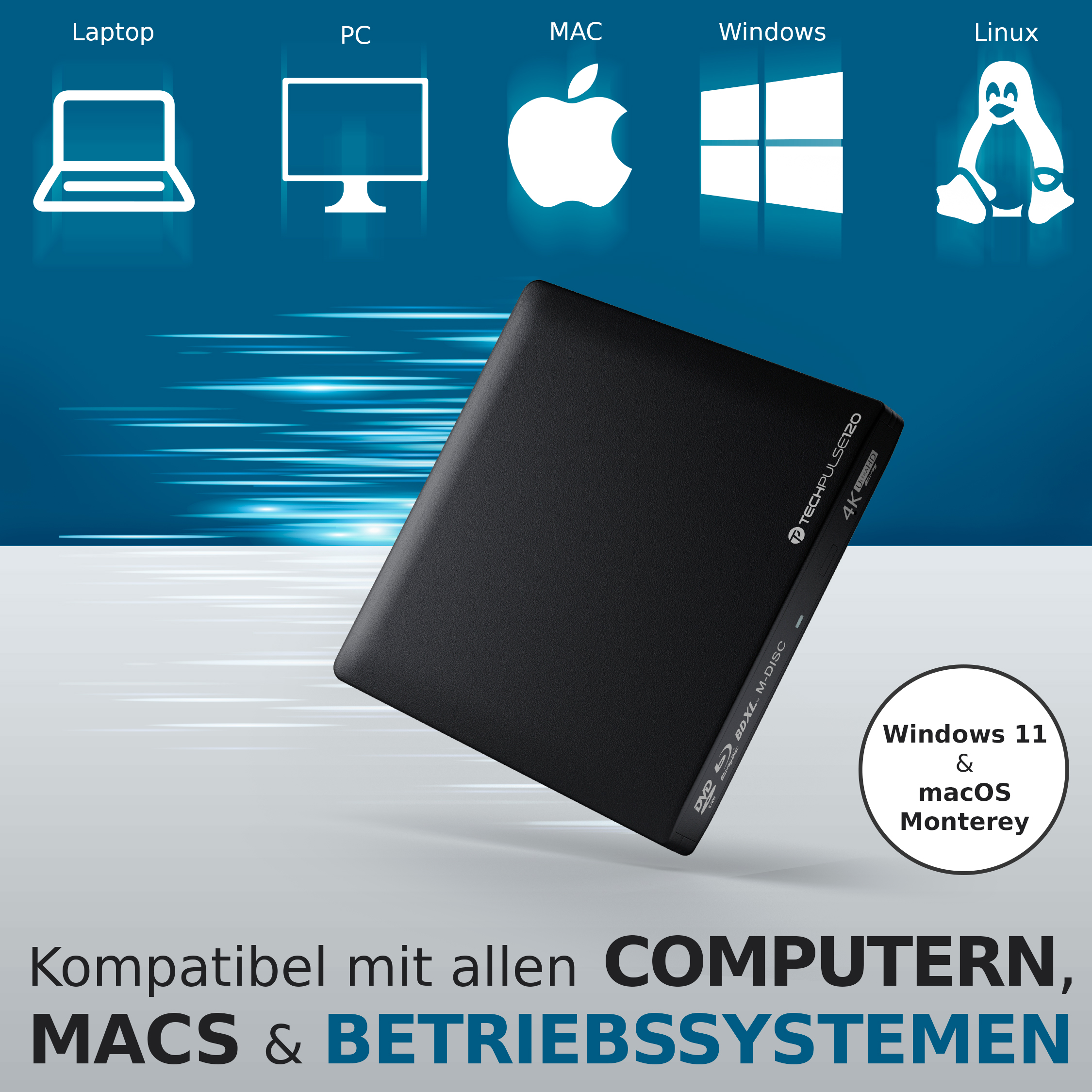 techPulse120 Externes UHD 4k 3D M-DISC USB 3.0 Blu-ray DVD CD Brenner Laufwerk techPulse120 Externes UHD 4k 3D M-DISC USB 3.0 Blu-ray DVD CD Brenner Laufwerk