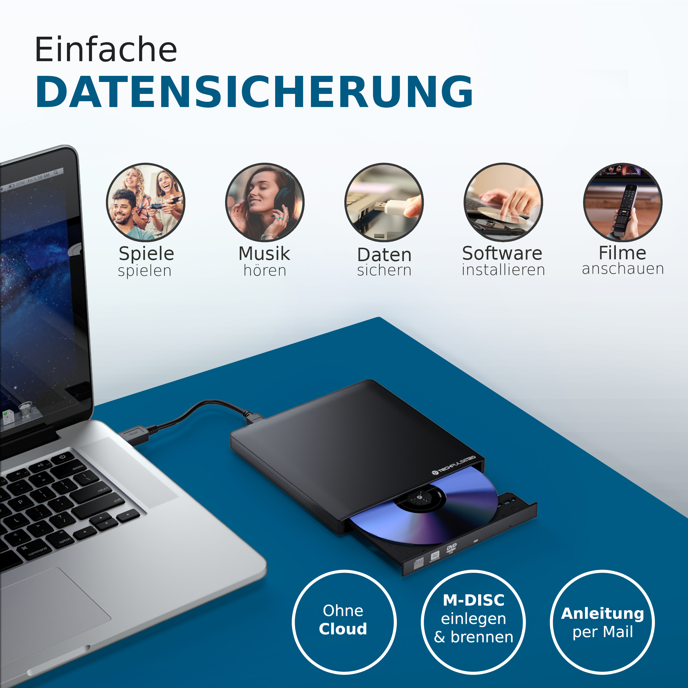 techPulse120 Externes UHD 4k 3D M-DISC USB 3.0 Blu-ray DVD CD Brenner Laufwerk techPulse120 Externes UHD 4k 3D M-DISC USB 3.0 Blu-ray DVD CD Brenner Laufwerk