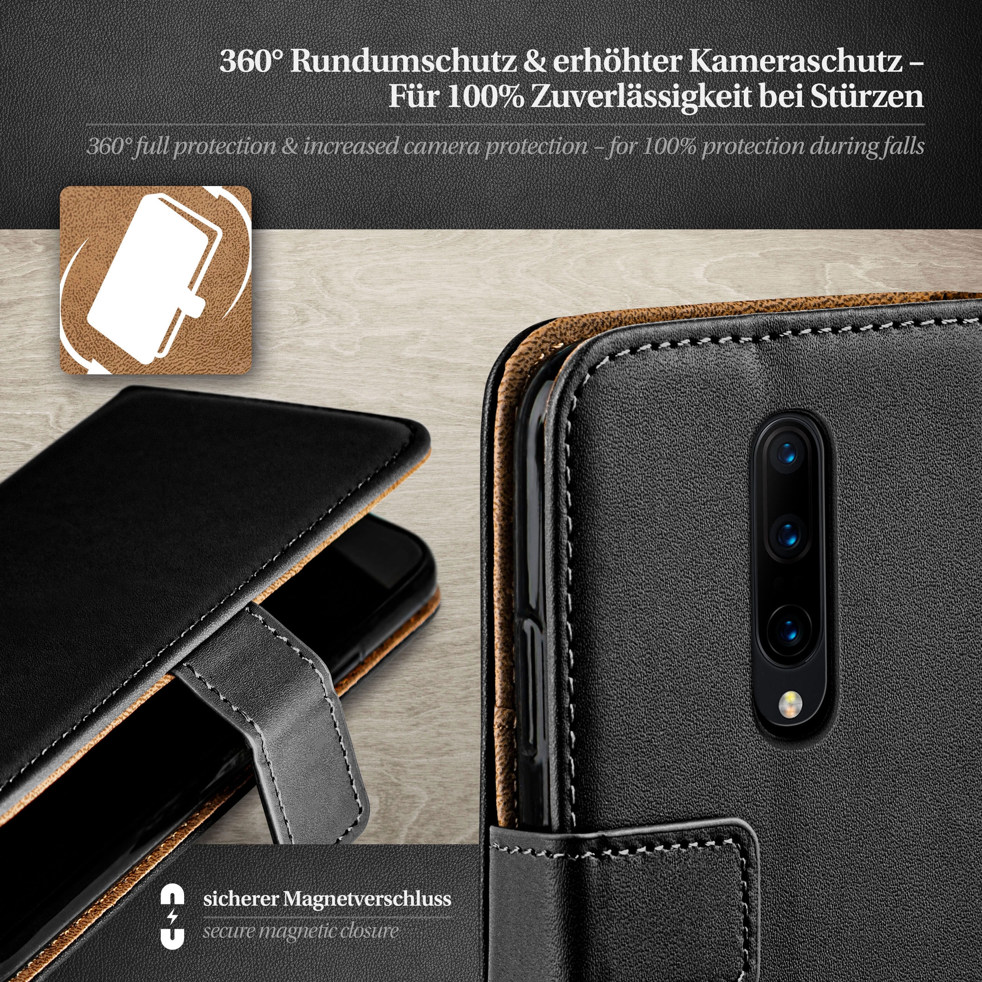 Leder-Handyhülle Für OnePlus 3/3T | Mit Kartenfächern & Standfunktion | Magnetverschluss | Schwarz