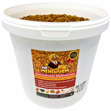 Mr. Mehlwurm - 10 Liter getrocknete Mehlwürmer - Insekten getrocknet - Futter Snack für Hühner, Küken, Hamster, Fische, Wildvögel, Igel, Wachtel - Ideales Igelfutter, Vogelfutter