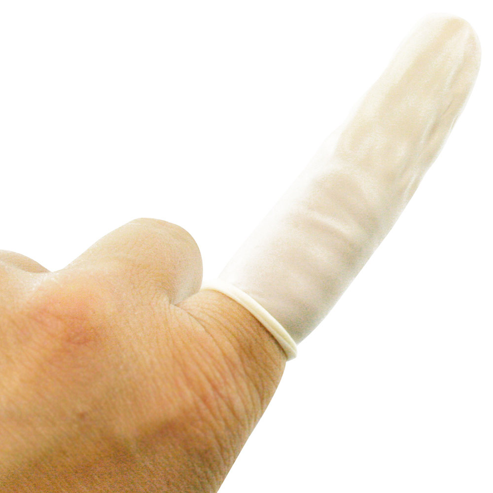 Fingerlinge am Finger Ein Mann trägt Fingerlinge am Zeigefinger