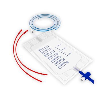 Zweiteiliges Silikon-Drainage-System, Sekretbeutel 600 ml, RSV, Bodenablauf, Stufenverbinder, Silikon-Runddrainage 1000 mm, Ch. 30, 5 seitliche Augen, zentrale Öffnung, Röntgenkontraststreifen