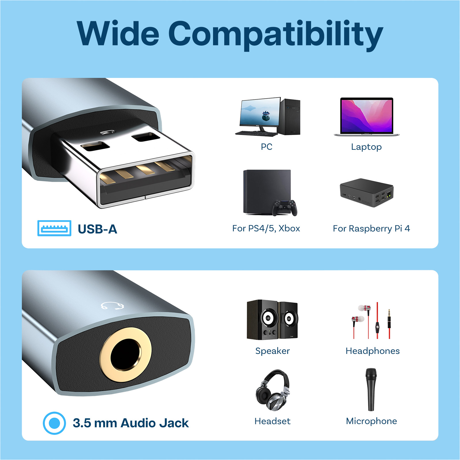 SUCESO Adaptateur USB Audio Vers Jack 3,5 Mm Adaptateur Jack USB Casque Puce Intégrée Carte Son