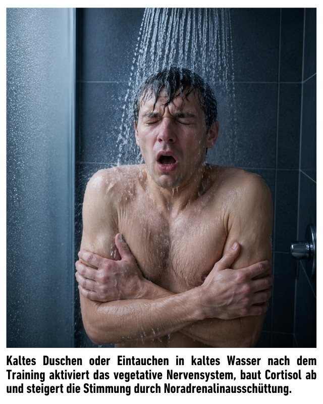 Kaltes Duschen oder Eintauchen in kaltes Wasser nach dem Training aktiviert das vegetative Nervensystem, baut Cortisol ab und steigert die Stimmung durch Noradrenalinausschüttung.