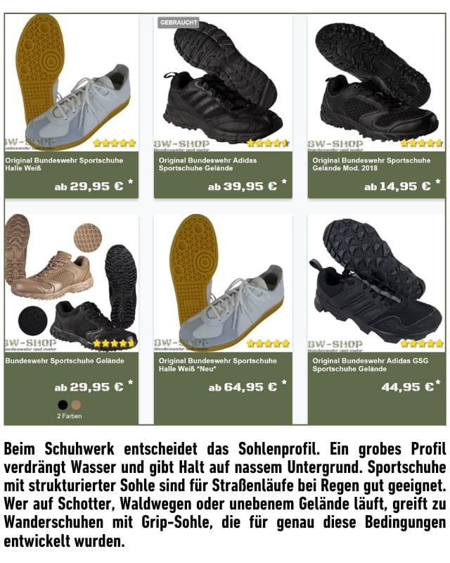 Beim Schuhwerk entscheidet das Sohlenprofil. Ein grobes Profil verdrängt Wasser und gibt Halt auf nassem Untergrund. Sportschuhe mit strukturierter Sohle sind für Straßenläufe bei Regen gut geeignet. Wer auf Schotter, Waldwegen oder unebenem Gelände läuft, greift zu Wanderschuhen mit Grip-Sohle, die für genau diese Bedingungen entwickelt wurden.