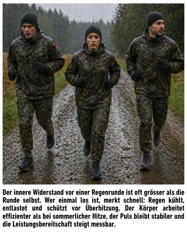 Der innere Widerstand vor einer Regenrunde ist oft grösser als die Runde selbst. Wer einmal los ist, merkt schnell: Regen kühlt, entlastet und schützt vor Überhitzung. Der Körper arbeitet effizienter als bei sommerlicher Hitze, der Puls bleibt stabiler und die Leistungsbereitschaft steigt messbar.