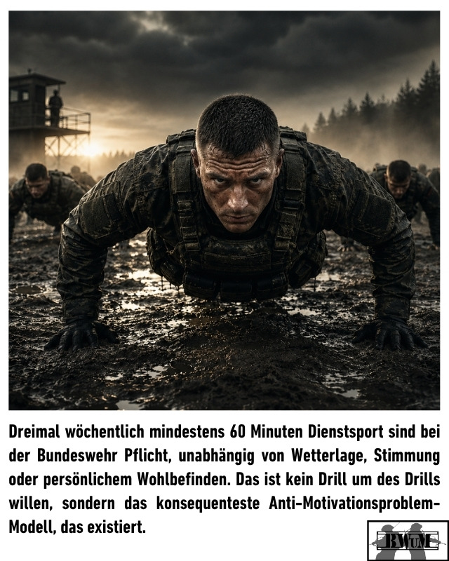 Dreimal wöchentlich mindestens 60 Minuten Dienstsport sind bei der Bundeswehr Pflicht, unabhängig von Wetterlage, Stimmung oder persönlichem Wohlbefinden. Das ist kein Drill um des Drills willen, sondern das konsequenteste Anti-Motivationsproblem-Modell, das existiert.