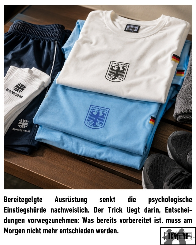 Bereitegelgte Ausrüstung senkt die psychologische Einstiegshürde nachweislich. Der Trick liegt darin, Entschei-dungen vorwegzunehmen: Was bereits vorbereitet ist, muss am Morgen nicht mehr entschieden werden.