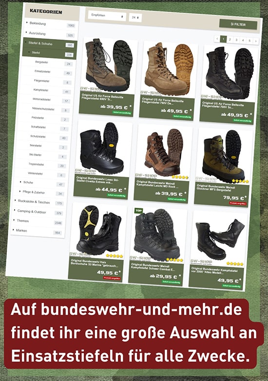 Auf bundeswehr-und-mehr.de findet ihr ein großes Angebot an Einsatzstiefeln