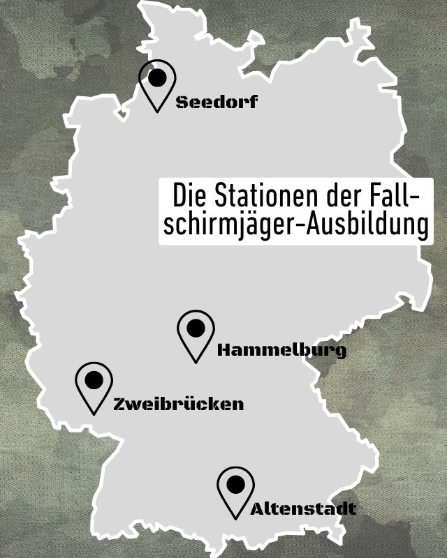 Eine Deutschlandkarte, welche die Standorte Seedorf, Hammelburg, Zweibrücken und Altenstadt zeigt