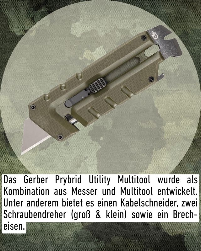 Das Gerber Prybrid Utility Multitool wurde als Kombination aus Messer und Multitool entwickelt. Unter anderem bietet es einen Kabelschneider, zwei Schraubendreher (groß & klein) sowie ein Brecheisen.