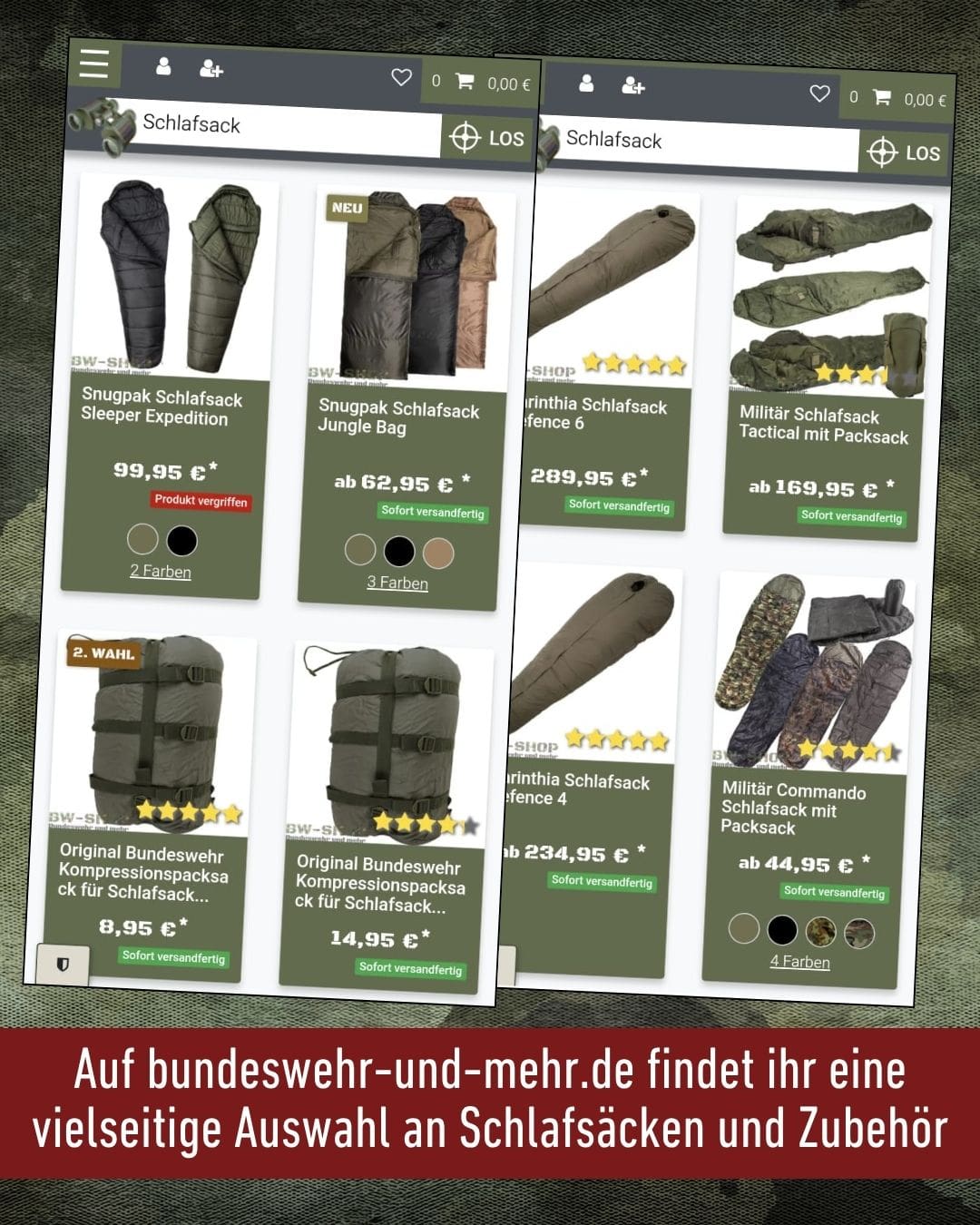 Zwei Screenshots mit Schlafsäcken, die man auf bundeswehr-und-mehr.de kaufen kann