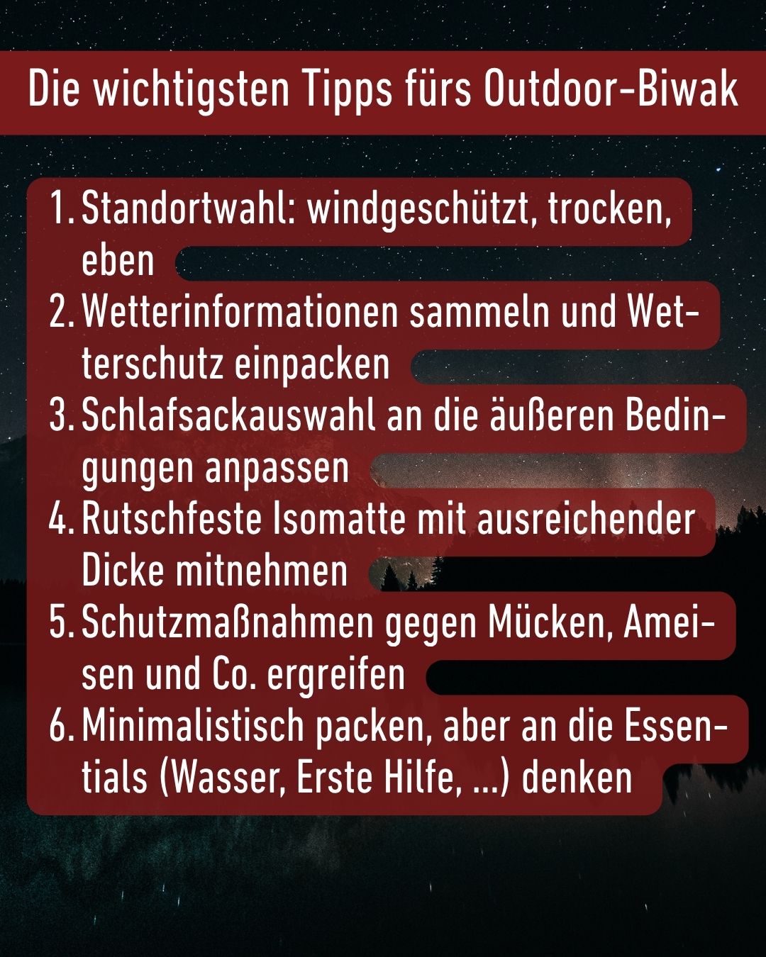 Eine Übersicht über die sechs wichtigsten Tipps zum Outdoor-Biwak