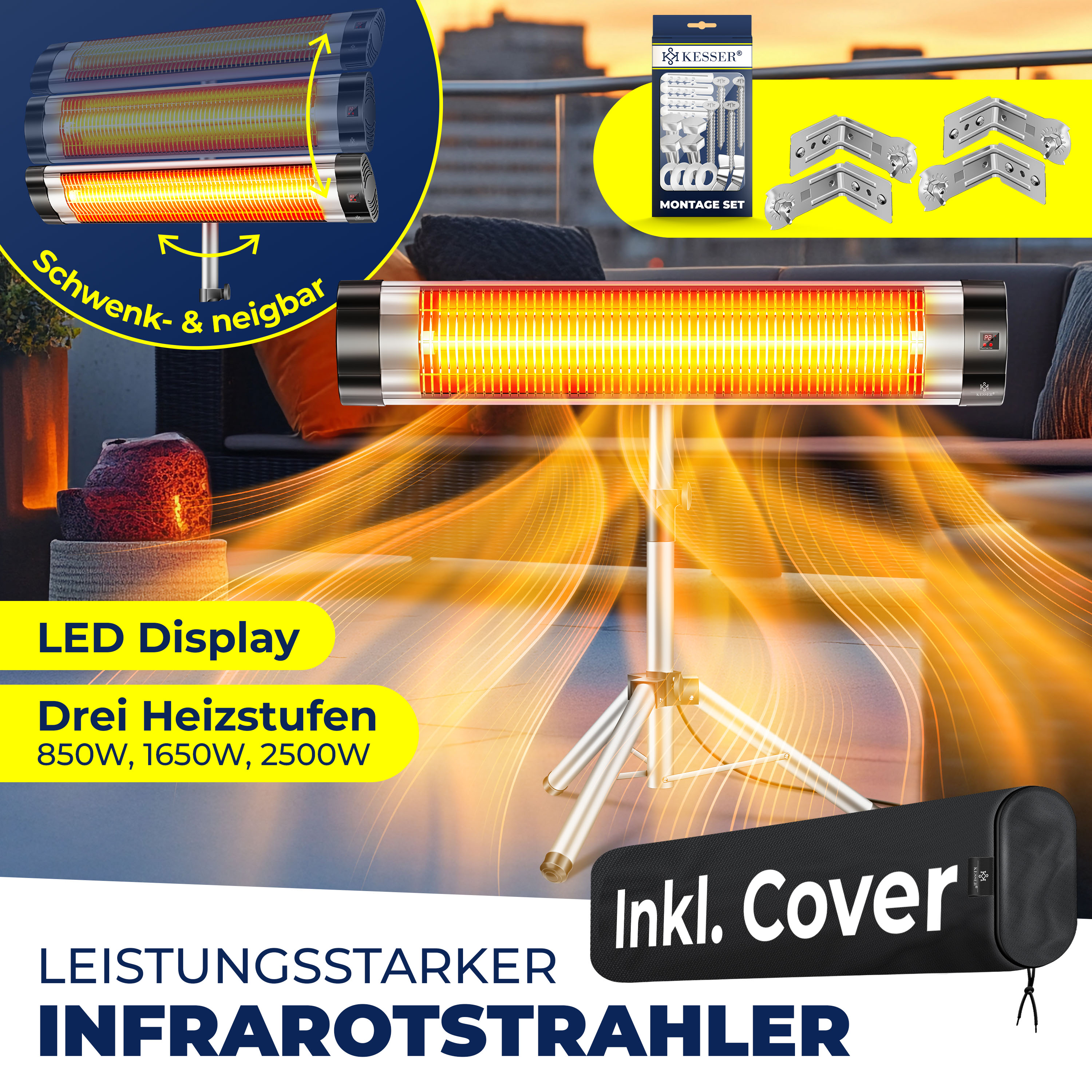 Heizstrahler Baby VASNER Teras 25 Basix Elektro Terrassenstrahler – 2500 Watt Infrarot, 1 Heizstufe, Silber, IP65 Wärmelampe Baby