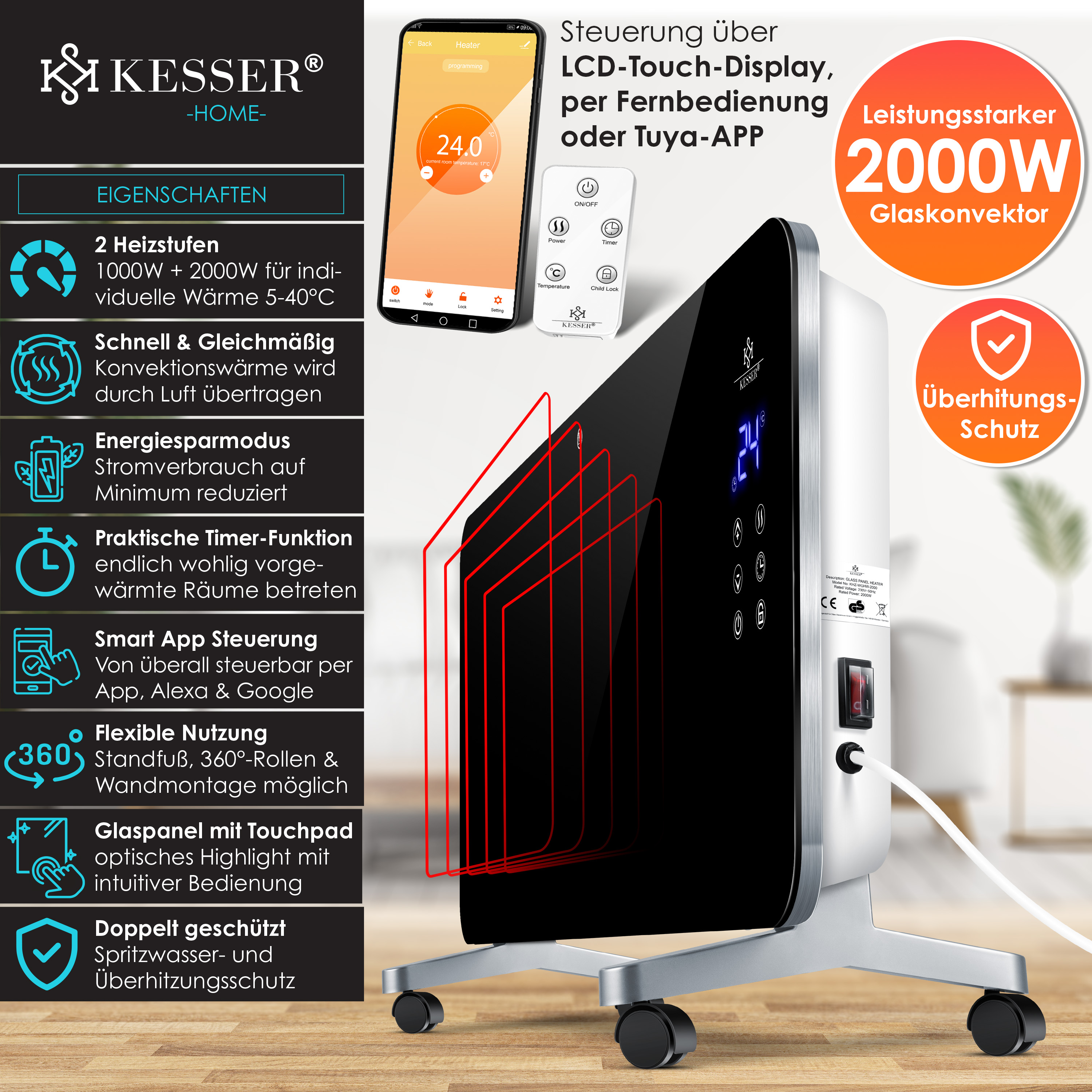 Elektroheizkörper Elektroheizung Wandkonvektor LED Display Mit