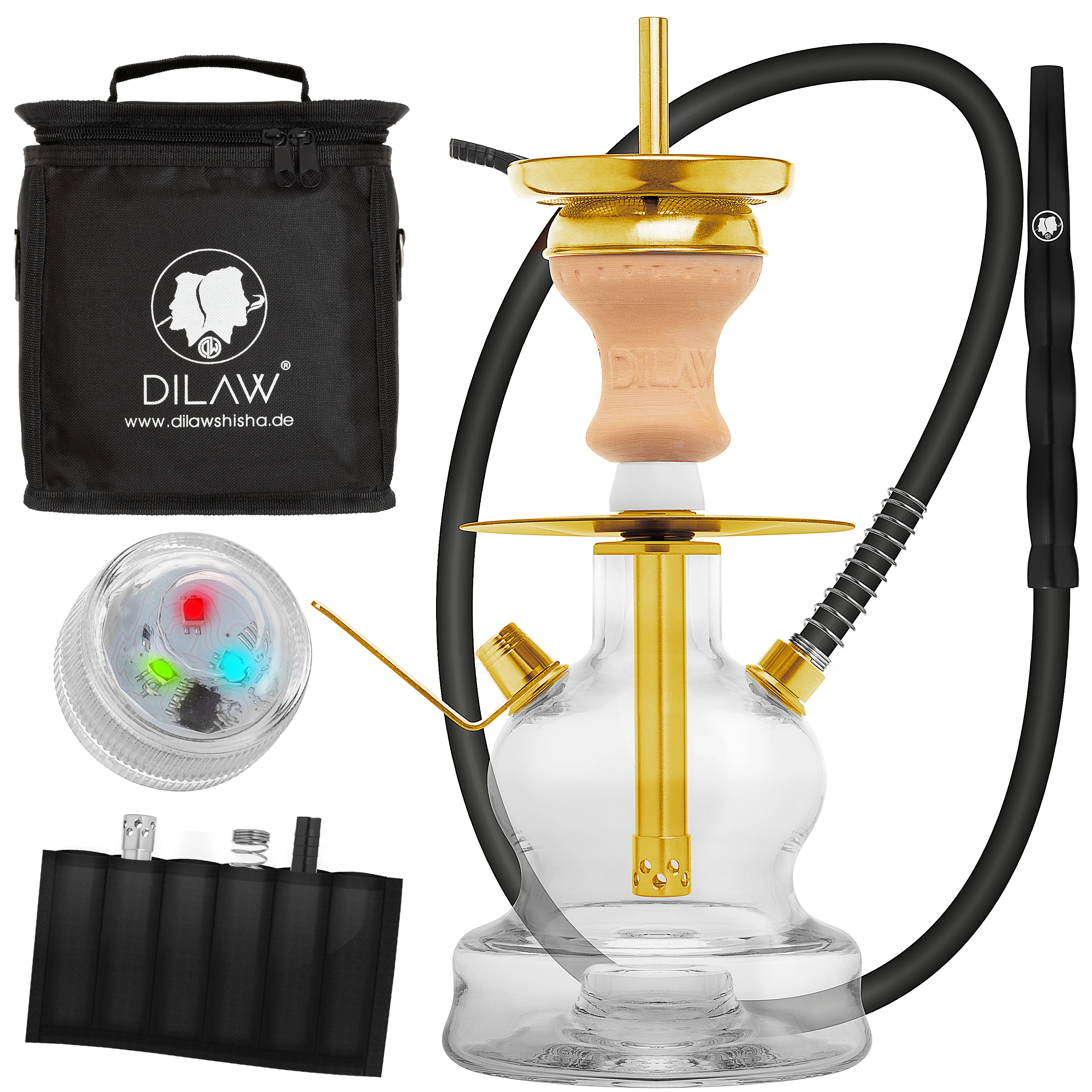 DILAW® Piccolo Shisha Edelstahl 20cm Hookah To Go + LED Licht