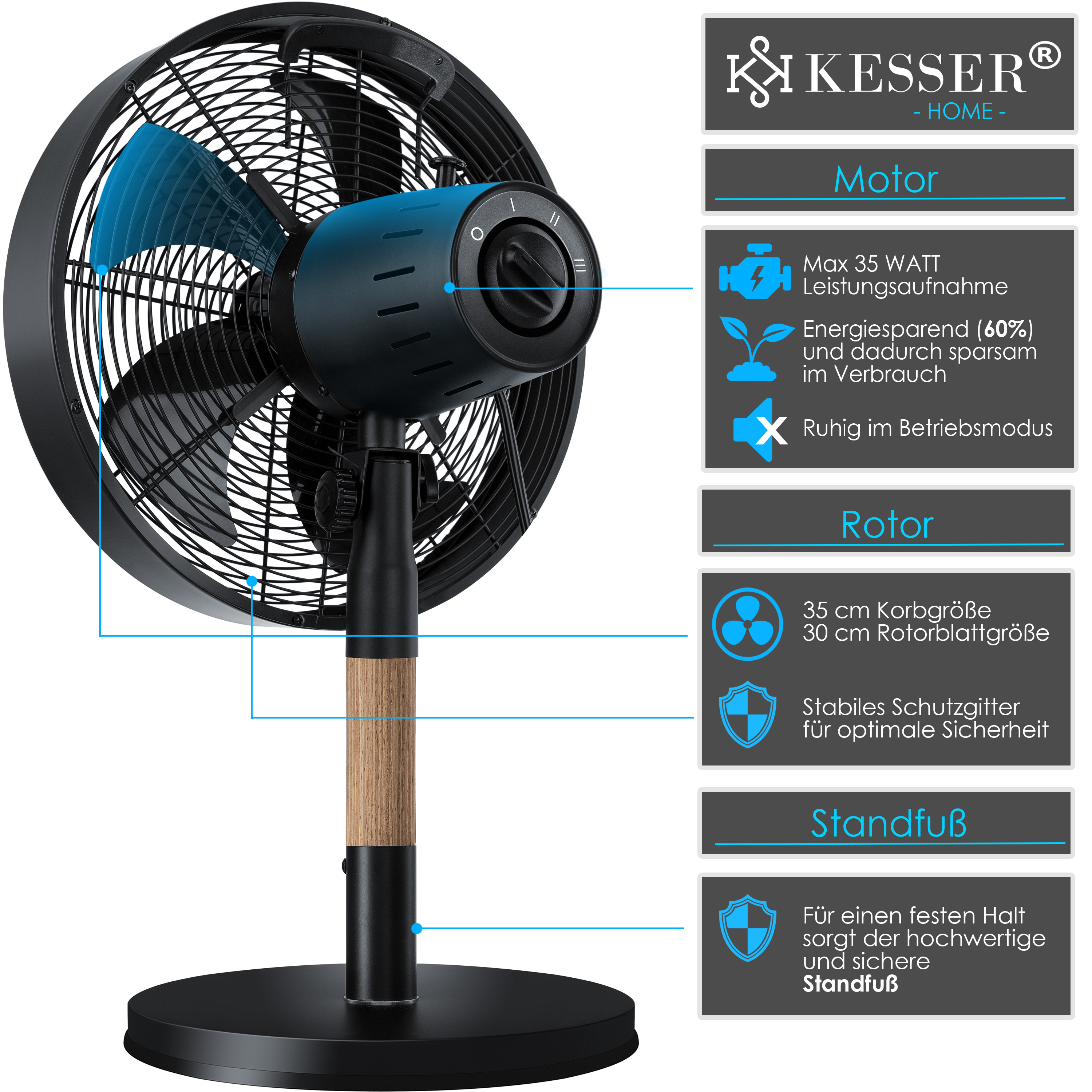 KESSER® Tischventilator Metall - Holz Ventilator Oszillierend