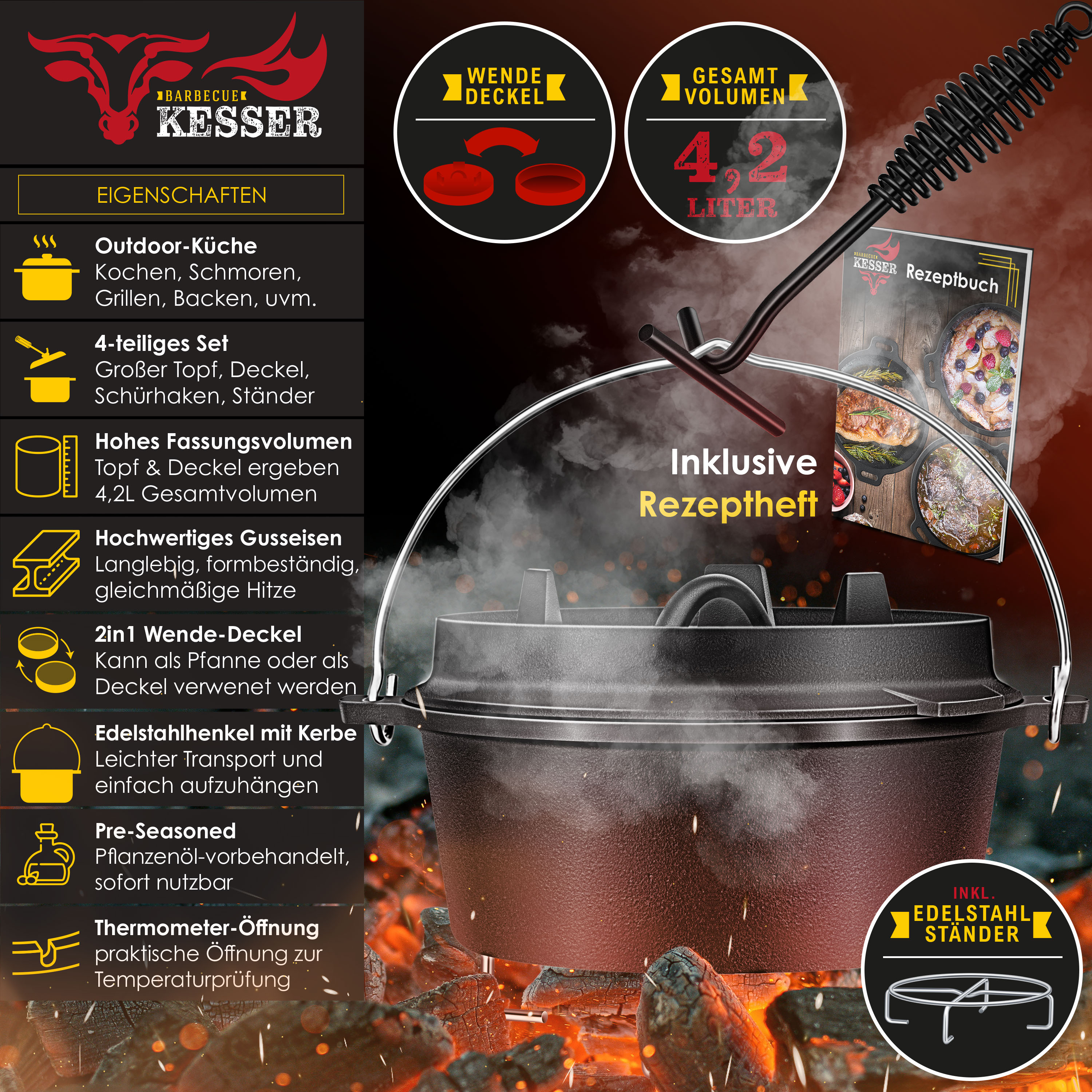 BBQ BEN Eingebranntes Dutch Oven Set 9 Liter - Schmortopf Aus Massiven