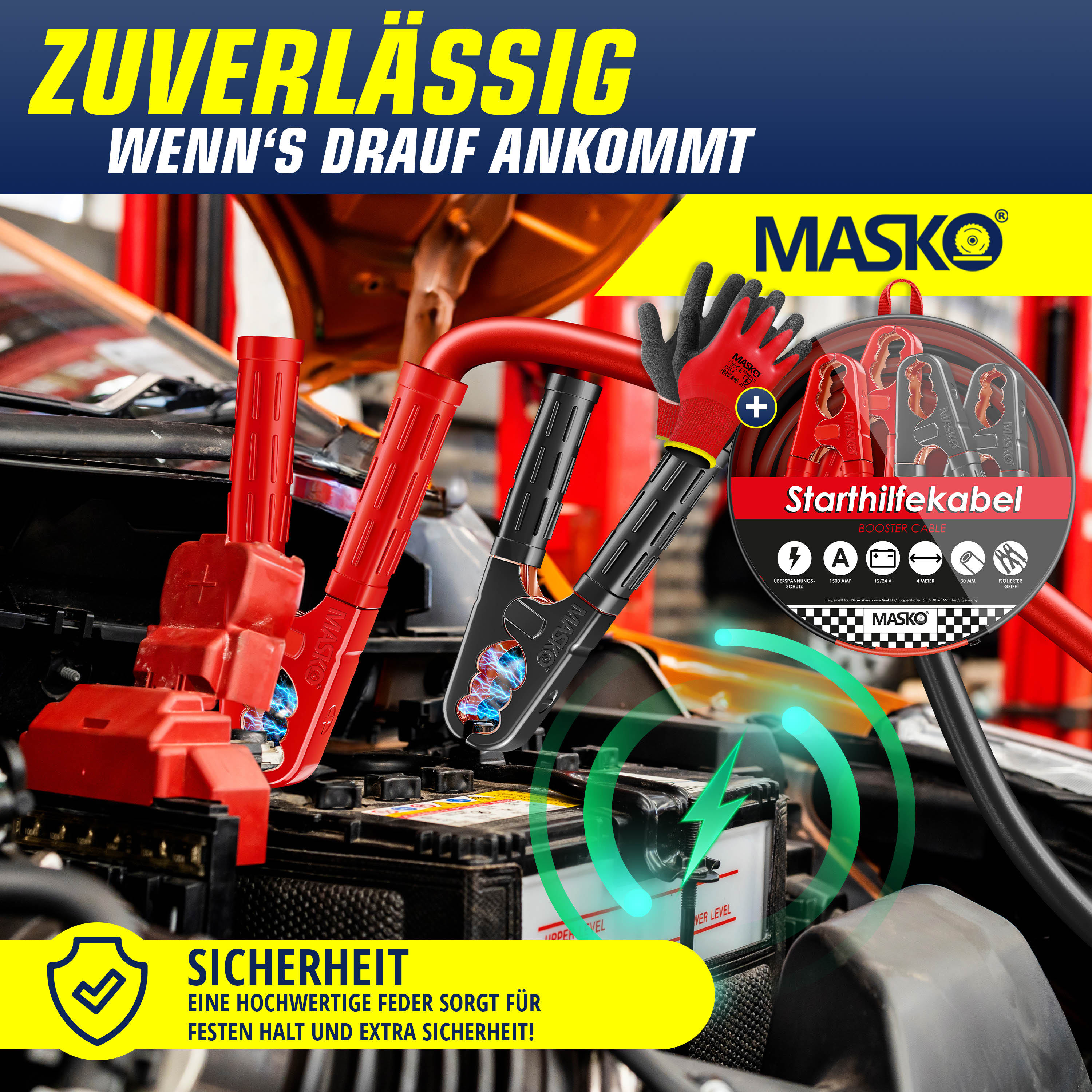 MASKO Starthilfekabel 2x4m / 30mm² – 1500A, Für 6/12/24V, Inkl. Handschuhe & Tasche – Für Benzin & Diesel
