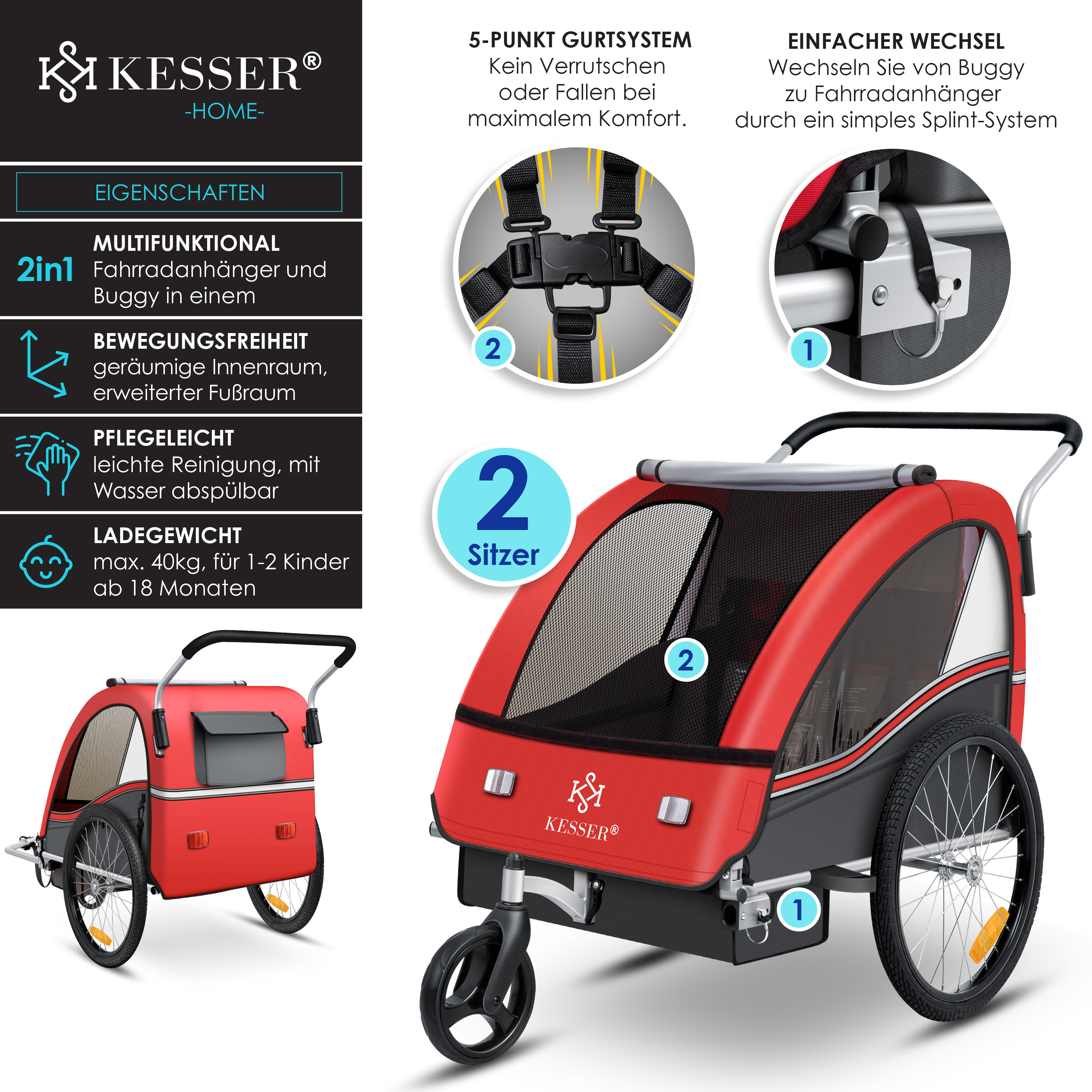 KESSER Kinderanhnger Fahrradanhnger Sport-RX 2 in 1 Joggerfunktion  Kinderfahrradanhnger + 5-Punkt Sicherheitsgurt 360-Vorderrad Jogger Buggy  ...
