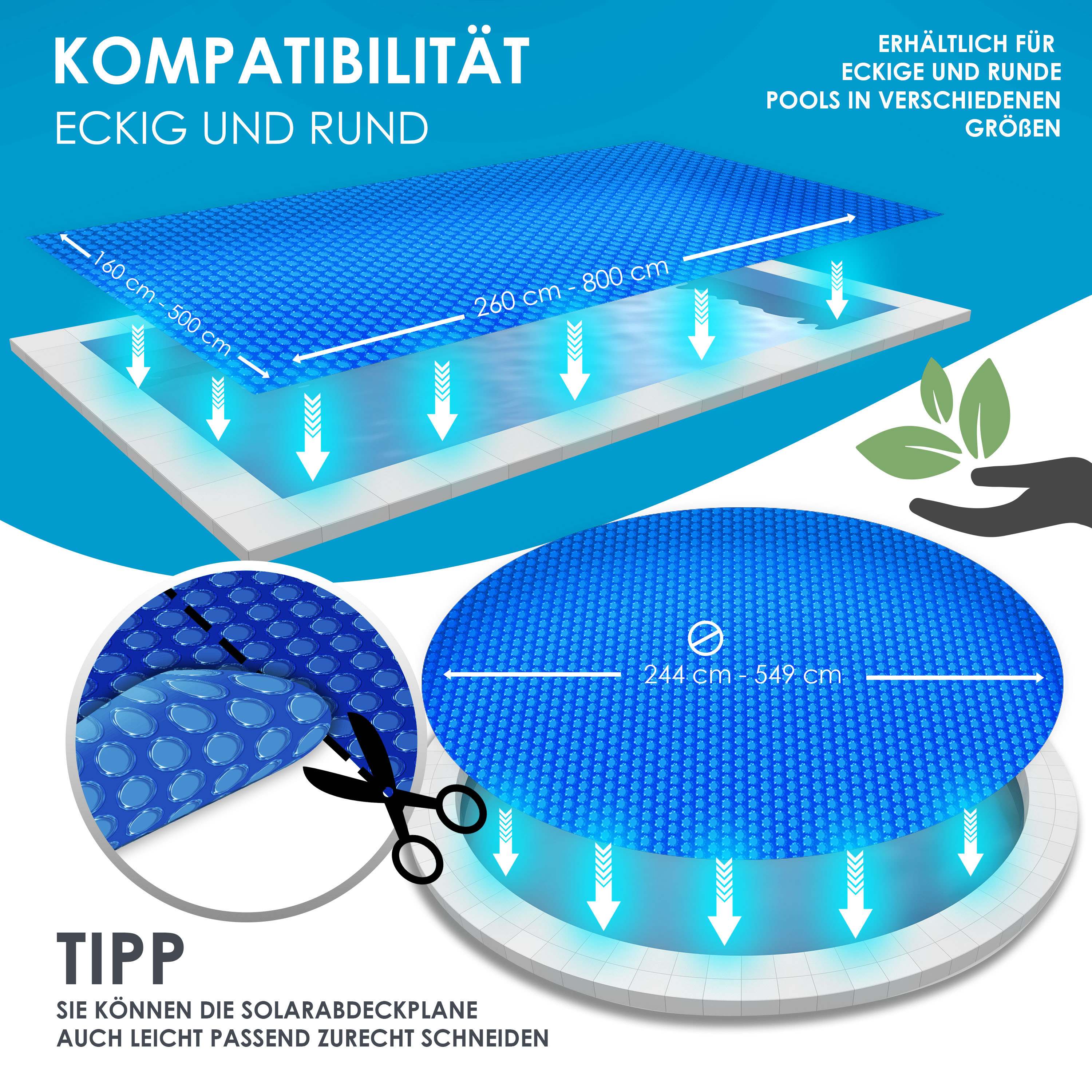 KESSER® Pool Solar folie 400 µm | rechthoekig 600 x 400 cm zwembadafdekking | flexibel op maat te snijden | zwembadzeil voor waterverwarming | zonneafdekking met schaar, gattang en 12 ogen