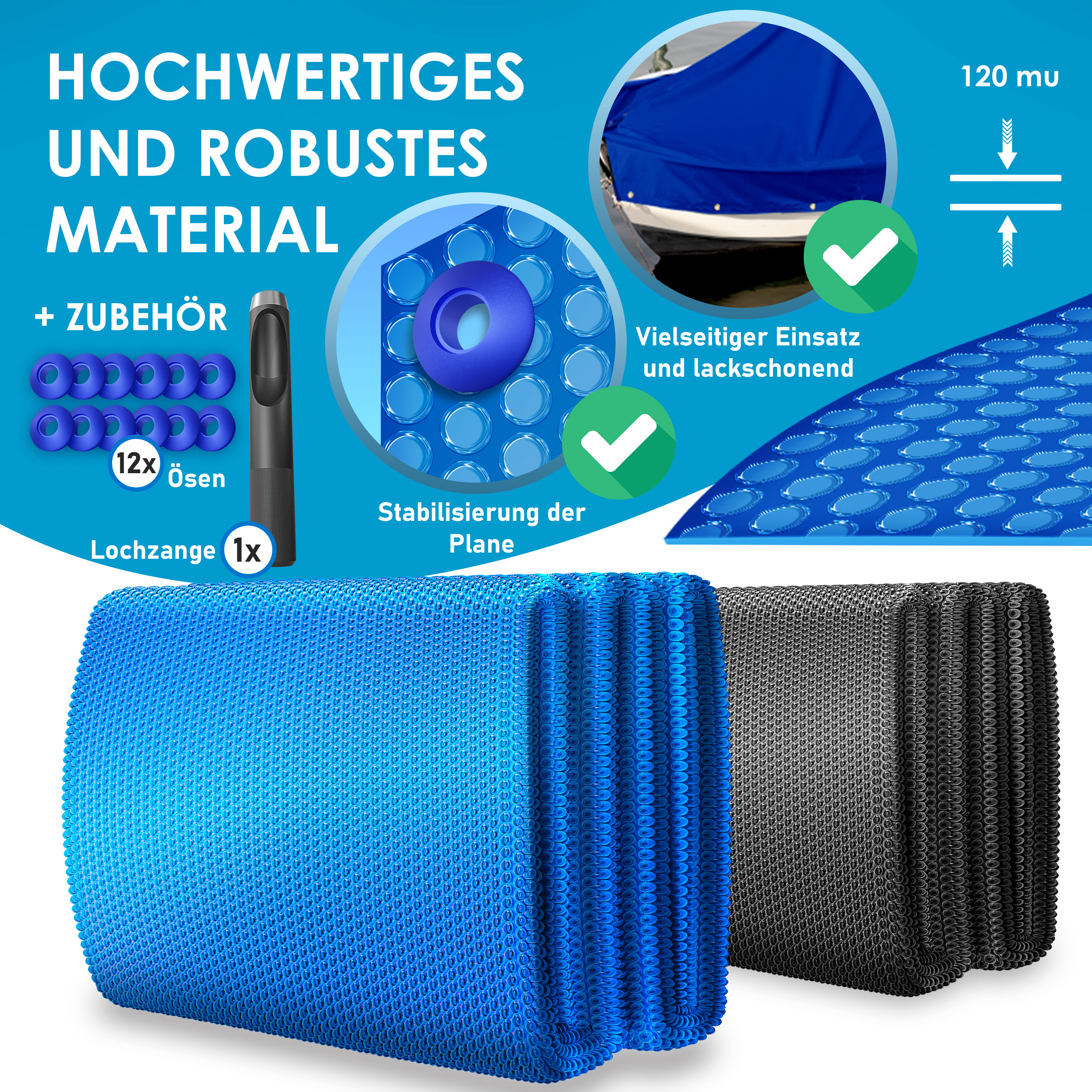 KESSER® Pool Solar folie 400 µm | rechthoekig 450 x 220 cm zwembadafdekking | flexibel op maat te snijden | zwembadzeil voor waterverwarming | zonneafdekking met schaar, gattang en 12 ogen