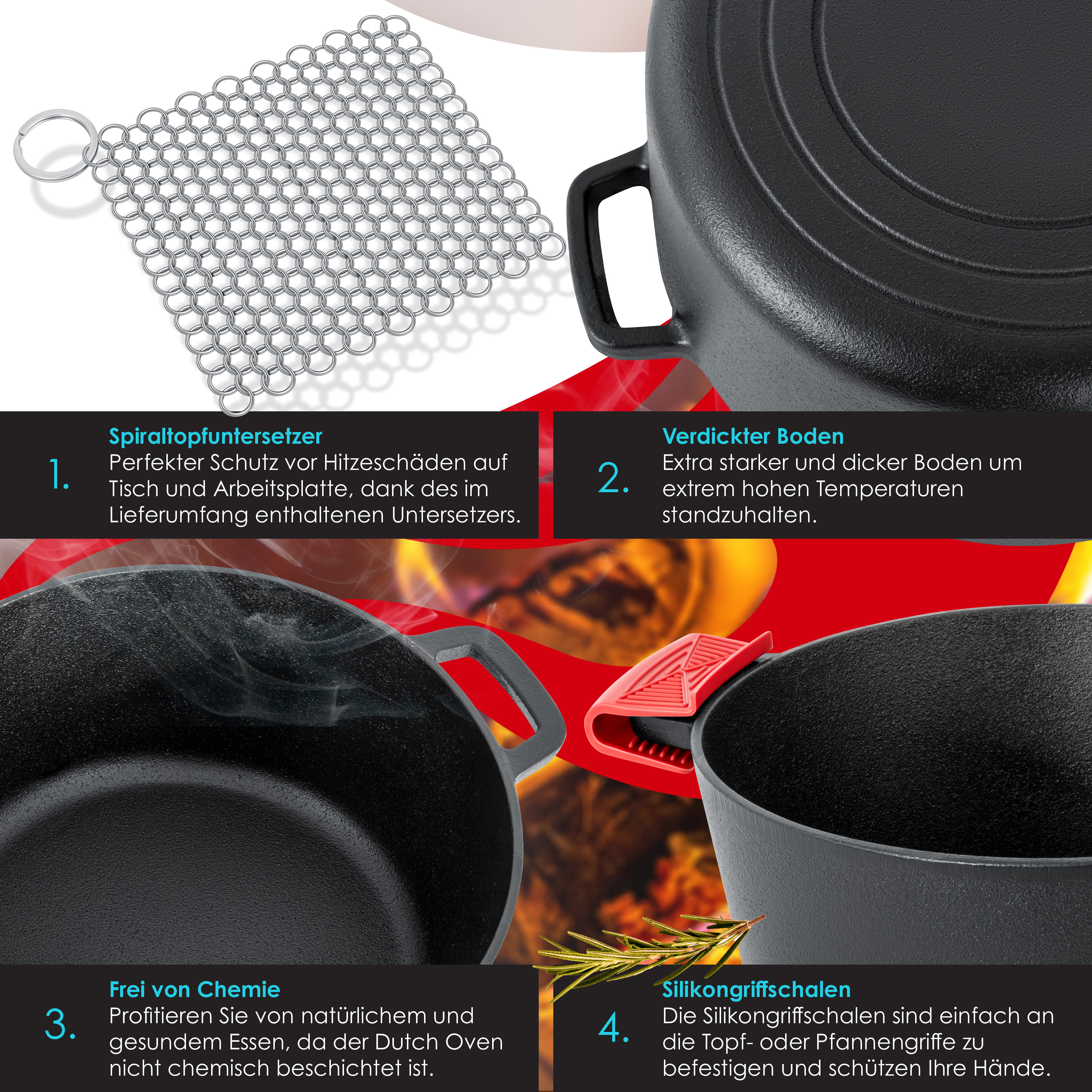 Dutch Oven Gusseisen-Pfanne - Antihaftbeschichtet Mit Deckel Für Gleichmäßiges Garen