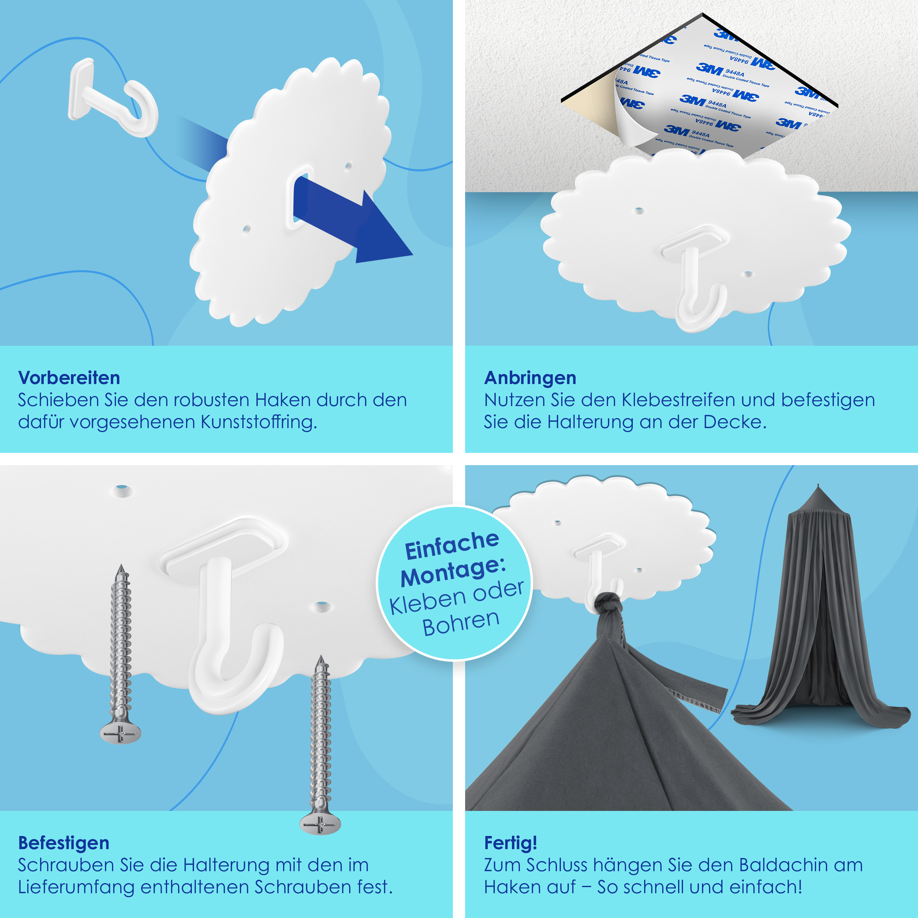 Selbstklebende Deckenhaken Für Betthimmel - 4 Stück Weiß - Ohne Bohren Für Baldachin & Stoffhimmel