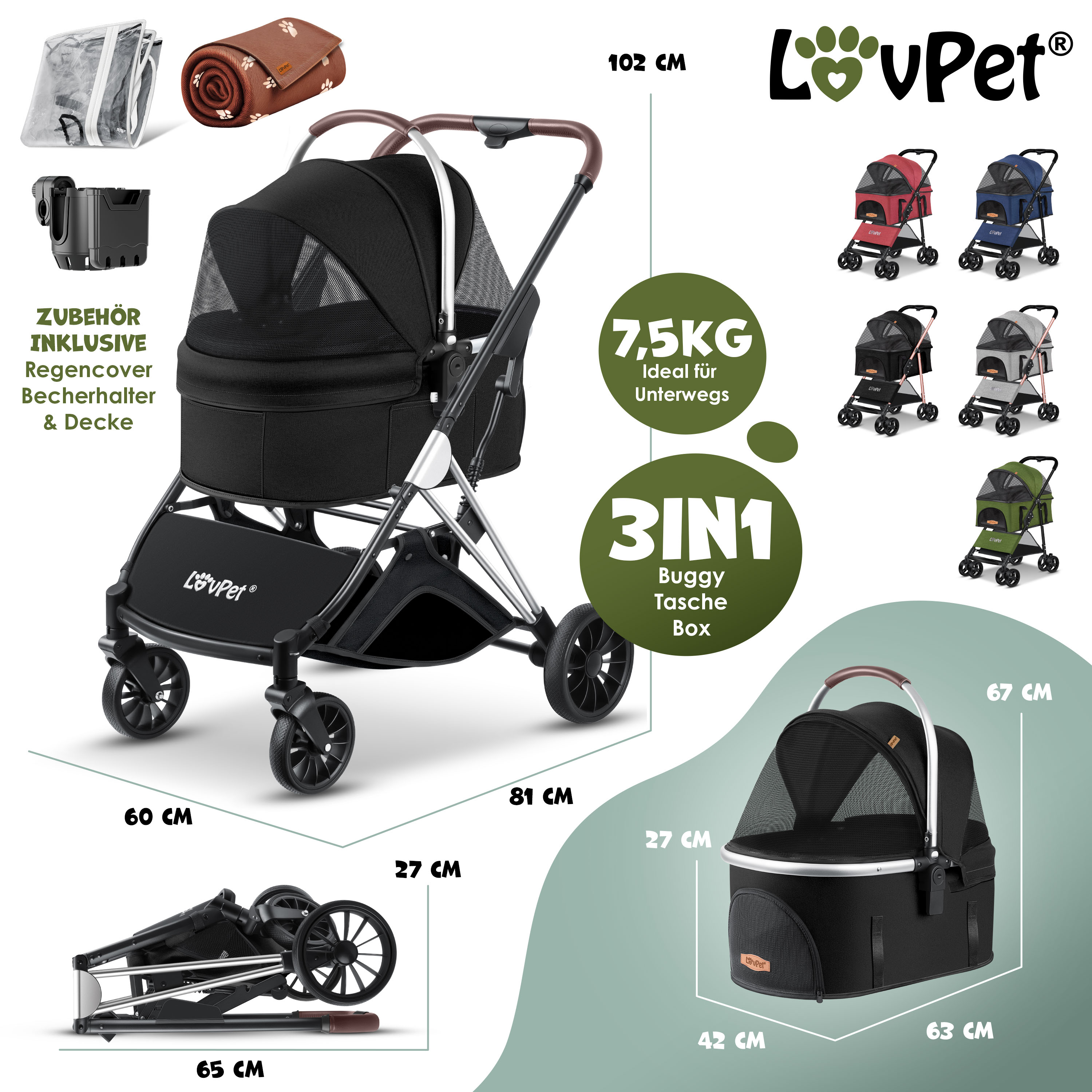 LOVPET Hundewagen 3in1 Hundebuggy bis 20kg Hundebox Transporttasche  faltbar klappbar Groe Rder Netzfenstern Regenschutzabdeckung  Getrnkehalter Kuscheldecke Katzenbuggy Jogger Buggy fr Haustiere |  eShopping - einfach besser einkaufen!
