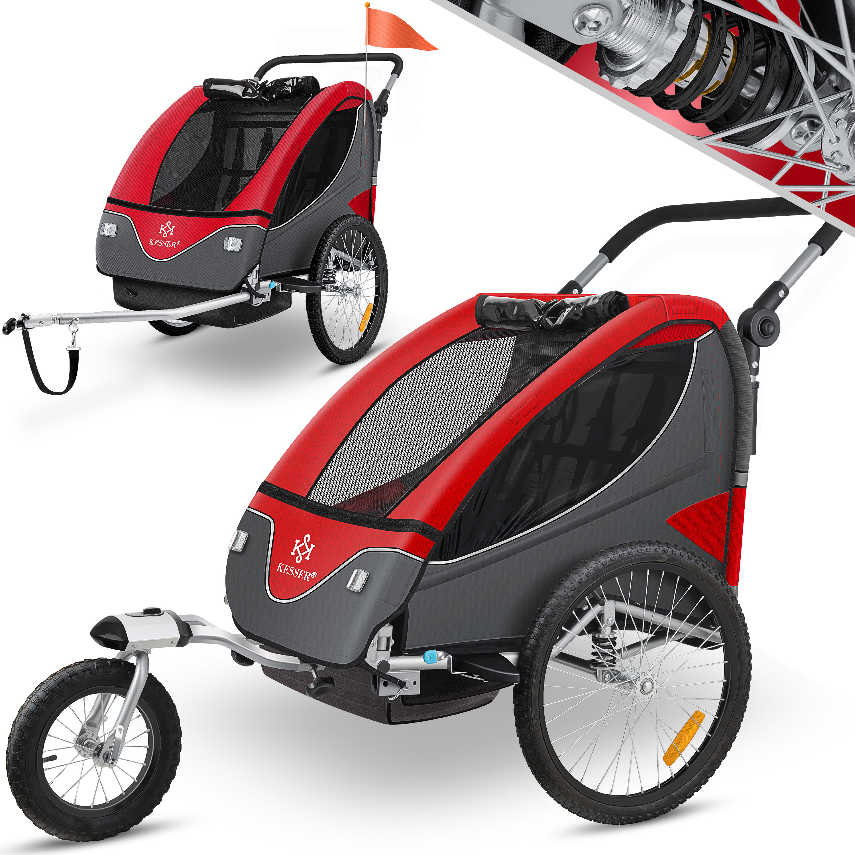 KESSER Kinderanhnger Fahrradanhnger 360 Drehbar mit Federung 2in1  Joggerfunktion Kinderfahrradanhnger + 5-Punkt Gurt Jogger Fahrrad Anhnger  fr ...