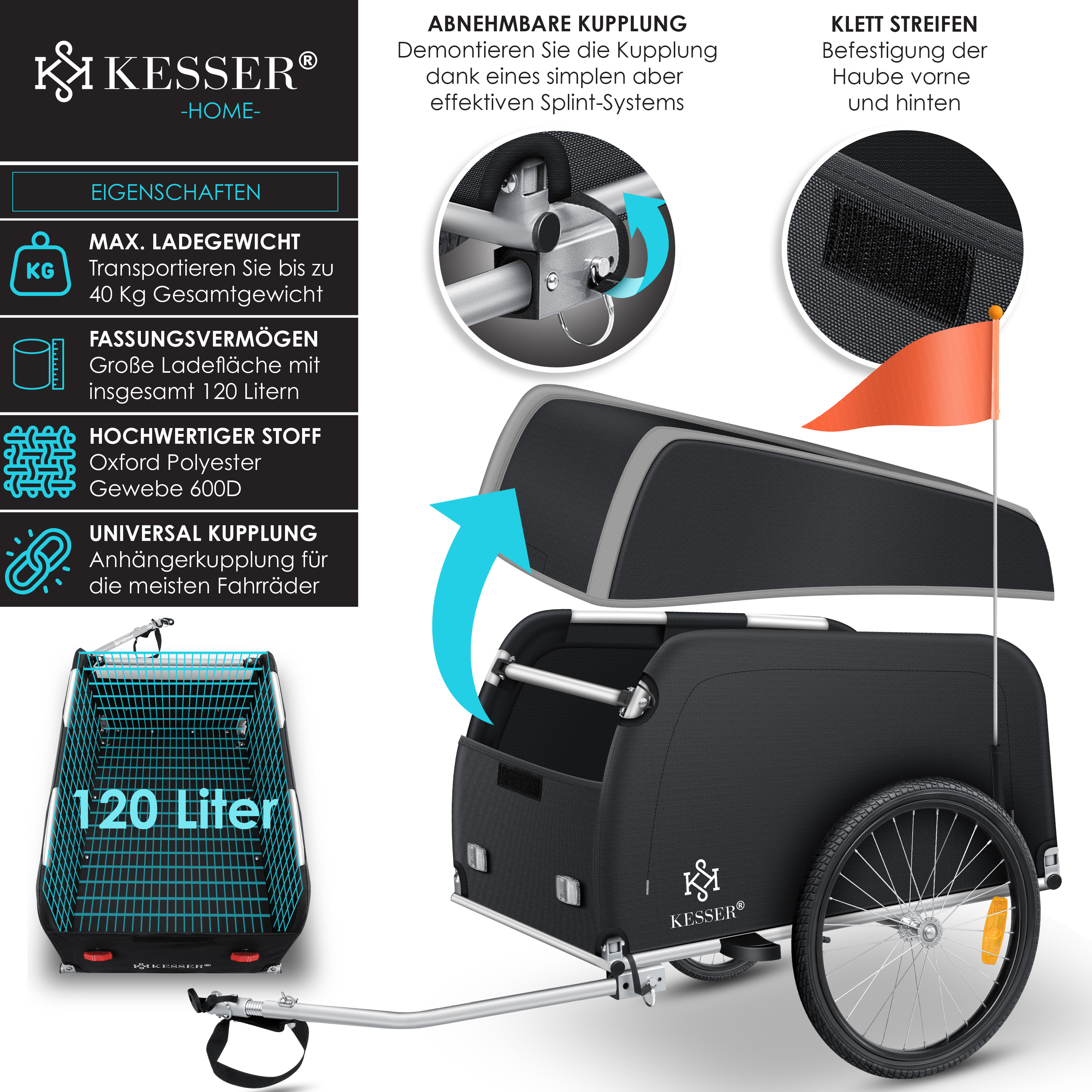 KESSER Fahrradanhnger Lastenanhnger Transportanhnger Hochdeichsel mit  Kupplung, Inkl. Abdeckung Klappfunktion Hochdeichsel Anhnge fr Fahrrad ...