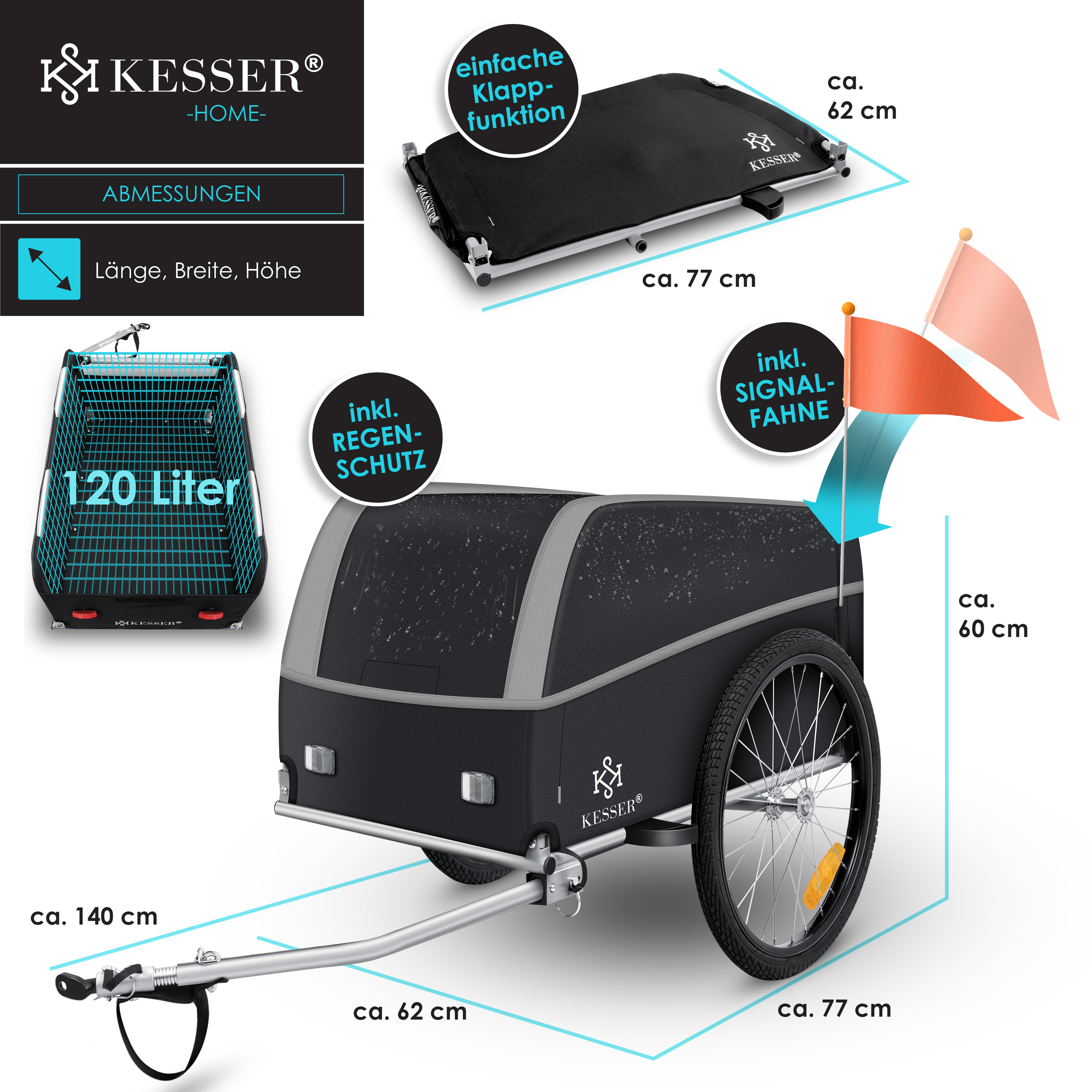 KESSER Fahrradanhnger Lastenanhnger Transportanhnger Hochdeichsel mit  Kupplung, Inkl. Abdeckung Klappfunktion Hochdeichsel Anhnge fr Fahrrad ...