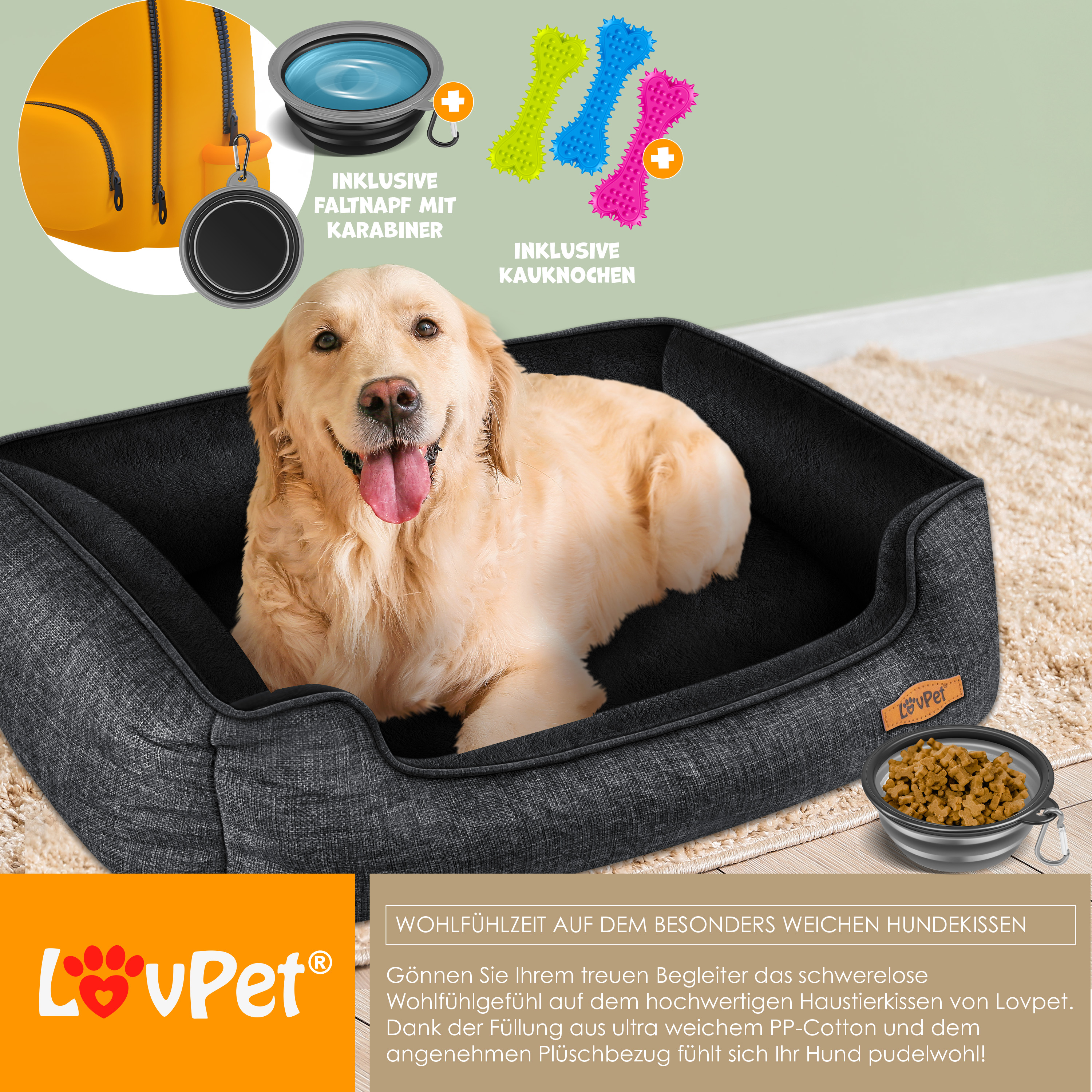 LovPet Hundebett Hundekissen Hundekorb Chiller, Inkl. Napf + 3X  Kauknochen, Hundesofa Kissen fr Kleine, Mittelgroe & Groe Hunde, Bezug  abnehmbar und waschbar | eShopping - einfach besser einkaufen!