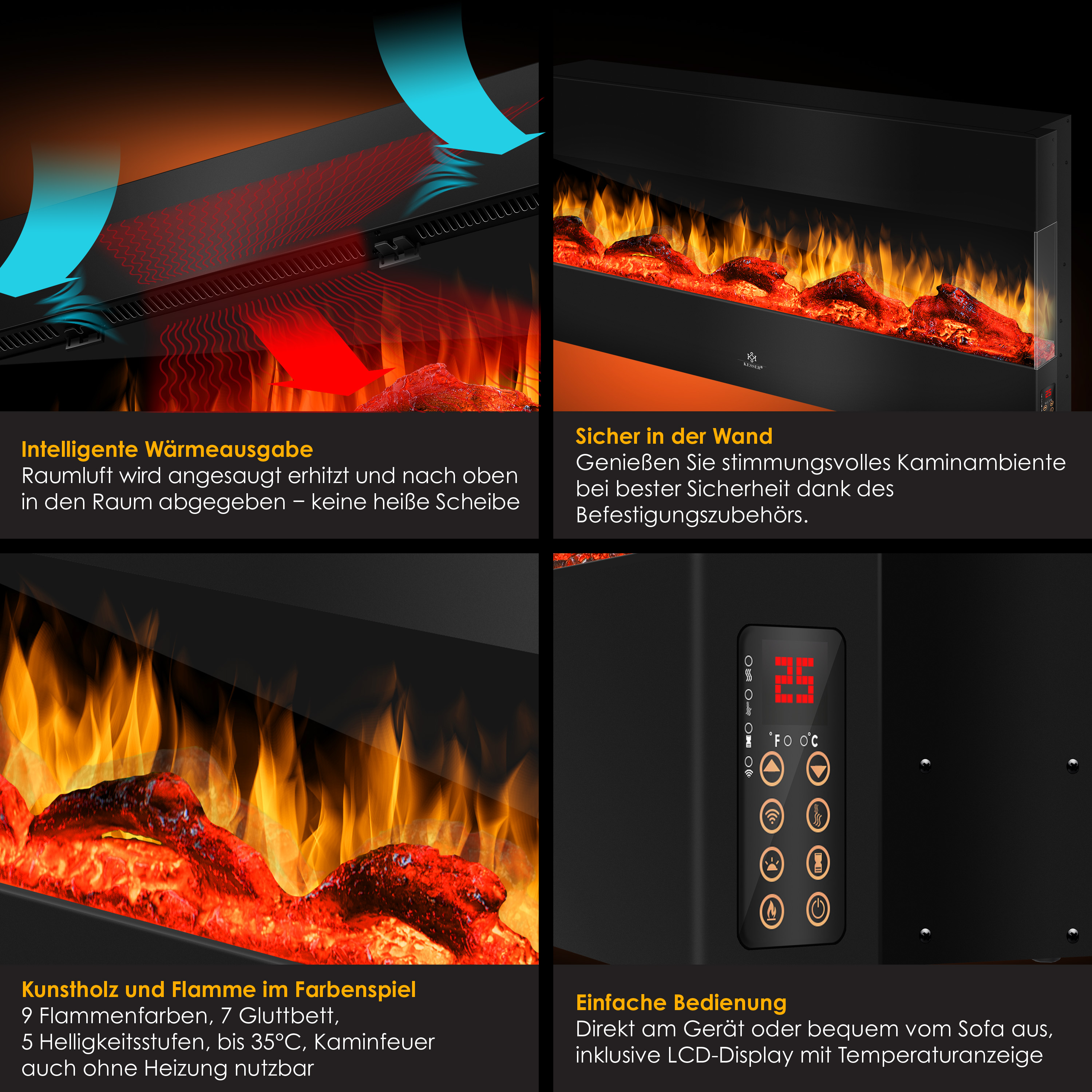 KESSER Wandkamin Elektrokamin 3D Elektrischer Kamin mit Heizung 9 Farbmodi  LED Flammeneffekt, 900/1800 W Kaminofen Wand und Einbaukamin Wandmontage  Heizung App-Funktion Fernbedienung | eShopping - einfach besser einkaufen!