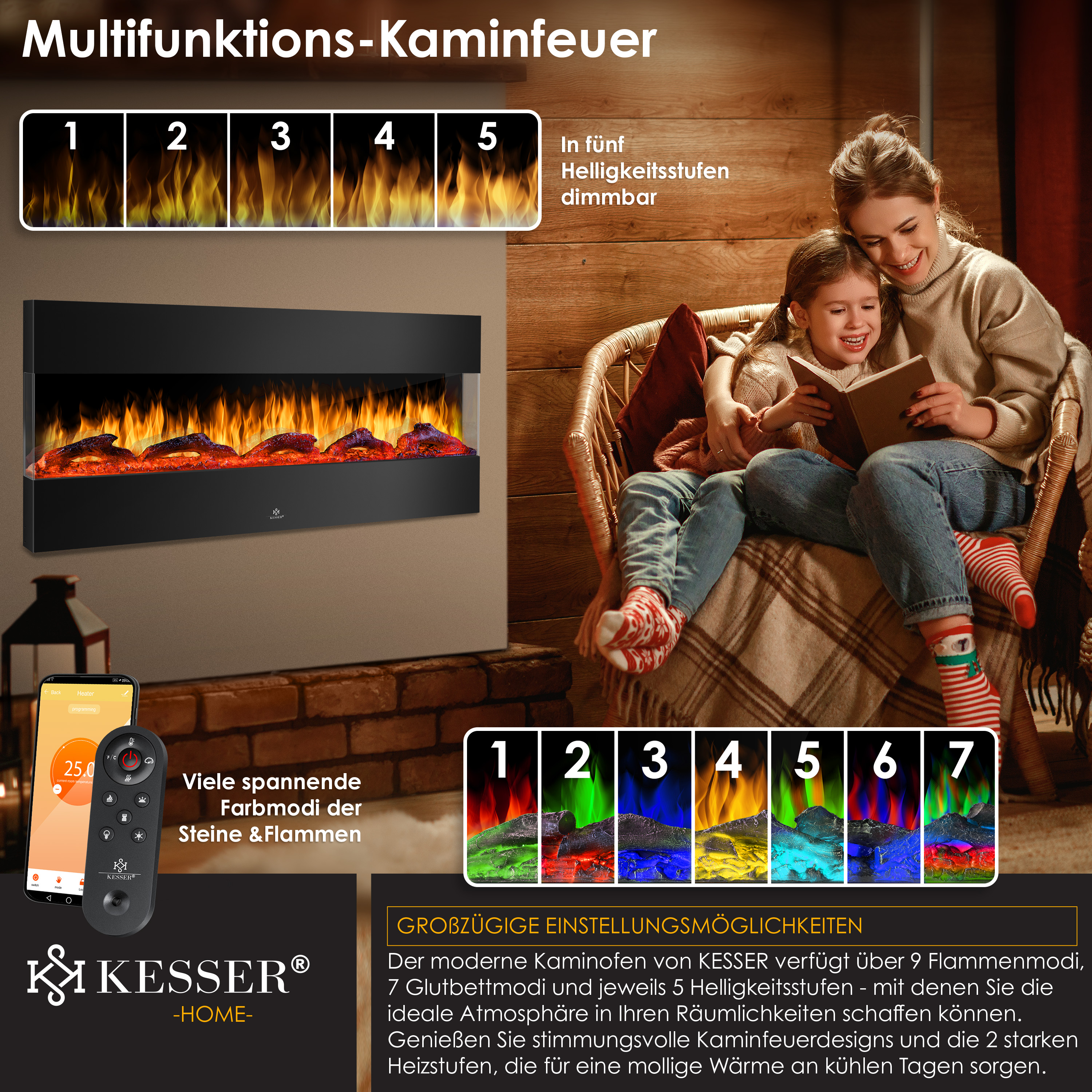 KESSER Wandkamin Elektrokamin 3D Elektrischer Kamin mit Heizung 9 Farbmodi  LED Flammeneffekt, 900/1800 W Kaminofen Wand und Einbaukamin Wandmontage  Heizung App-Funktion Fernbedienung | eShopping - einfach besser einkaufen!