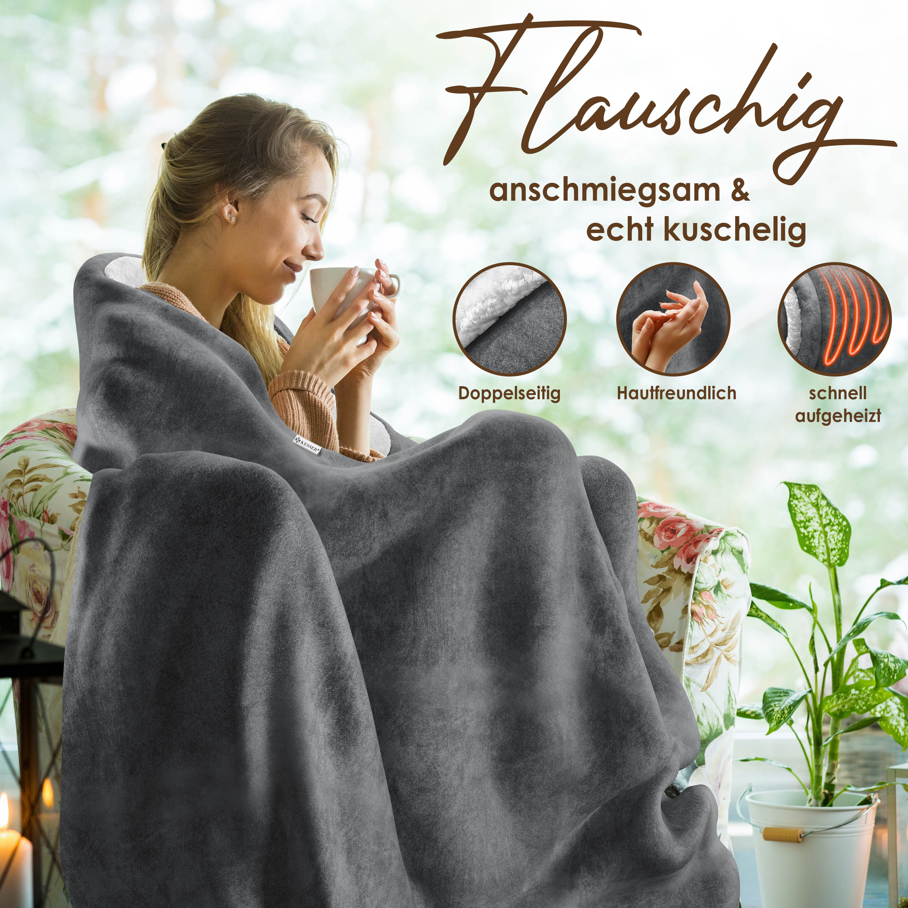 KESSER® Sherpa Fleece elektrische deken, dubbelzijdige elektrische warmtedeken met timer, automatische uitschakeling, knuffelige deken, 9 temperatuurniveaus, wasbaar tot 40 °C, digitaal display, grijs