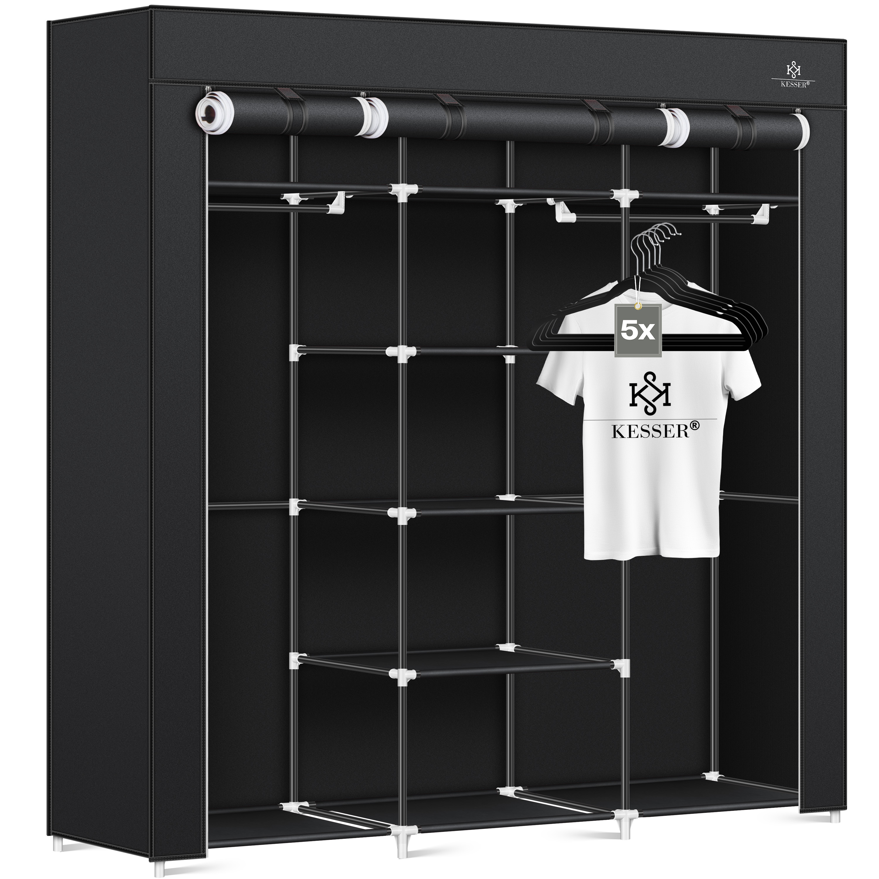 kesser® kleiderschrank stoffschrank stabil mit kleiderstange & ablagen,  inkl. 5x kleiderbügel, stoff faltschrank für schlafzimmer, ankleidezimmer
