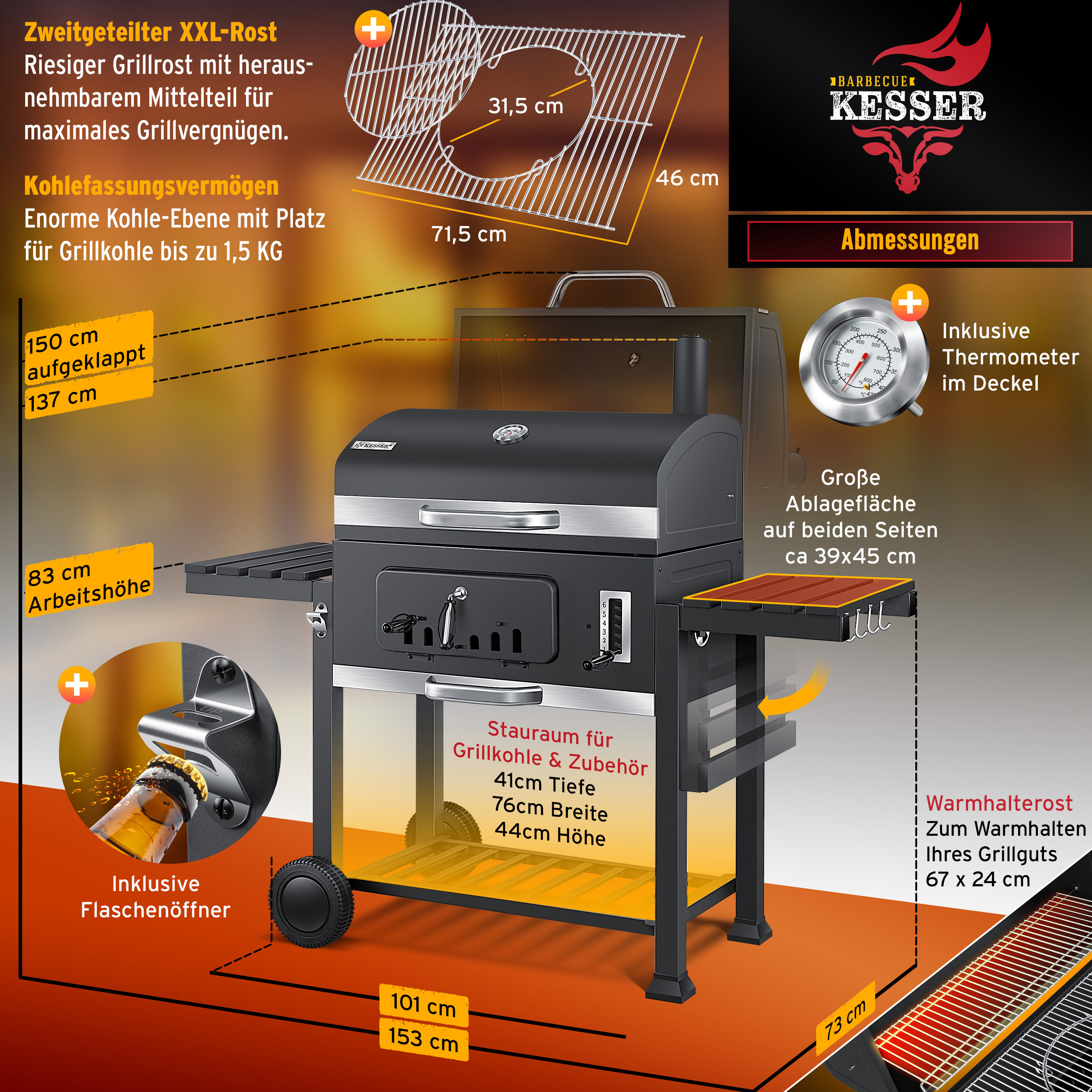 Ribelli Smoker Rundgrill Holzkohlegrill Grill Räuchergrill Standgrill