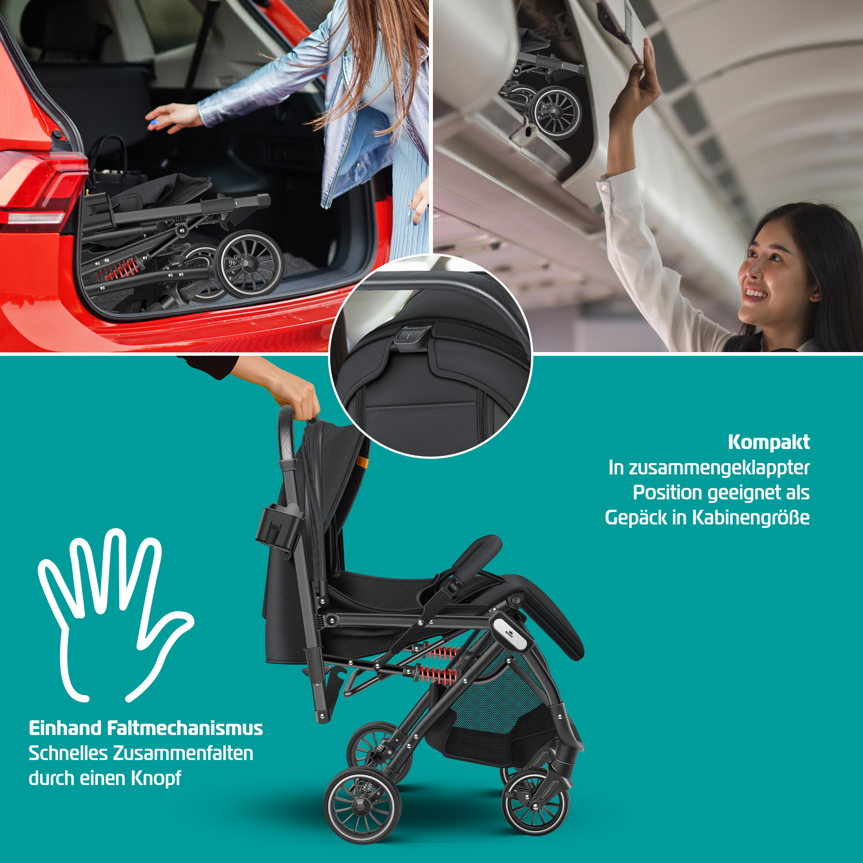 KIDIZ® City Kinderwagen, buggy, kinderbuggy, inklapbaar, 360° 4 inch wielen, inclusief zon- en regenhoes, inklapbaar, 5-punts veiligheidsgordel, vanaf