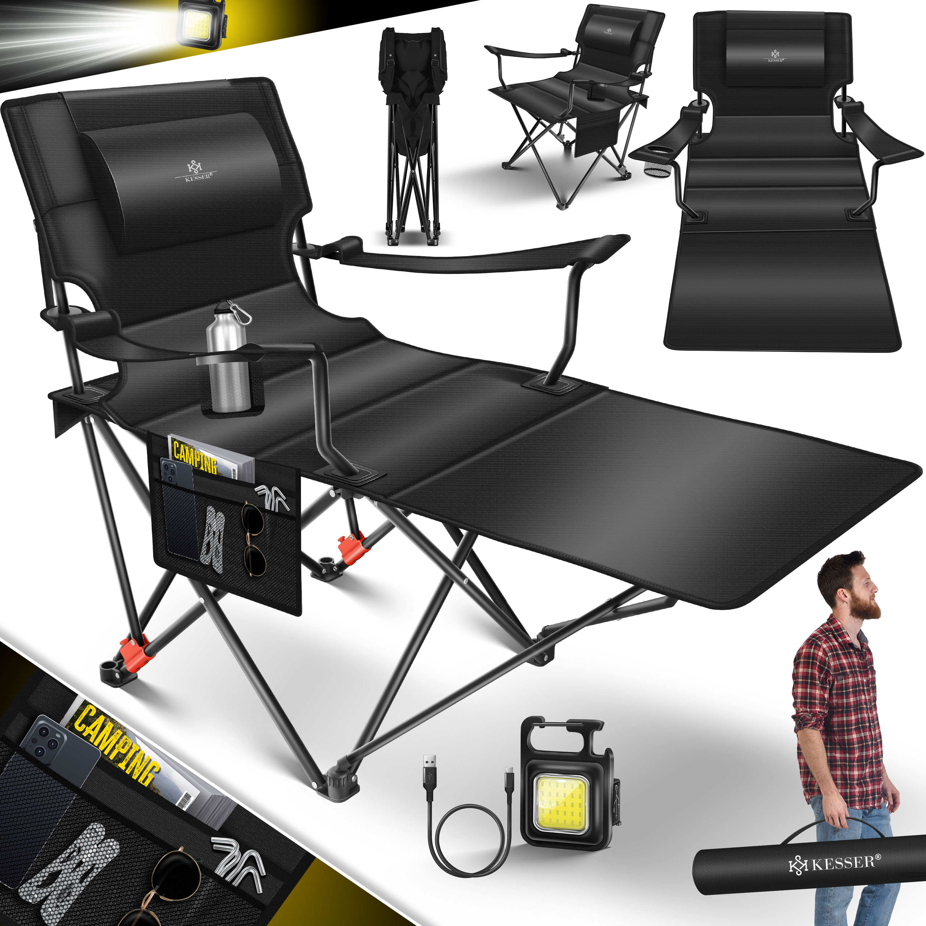 KESSER Campingliege Campingstuhl 2in1 bis 160kg | Feldbett klappbar |  Campingbett faltbar extra breit | Campinglicht & Getrnkehalter +  Aufbewahrungstasche & Transporttasche | Angelliege verstellbar | eShopping  - einfach besser einkaufen!