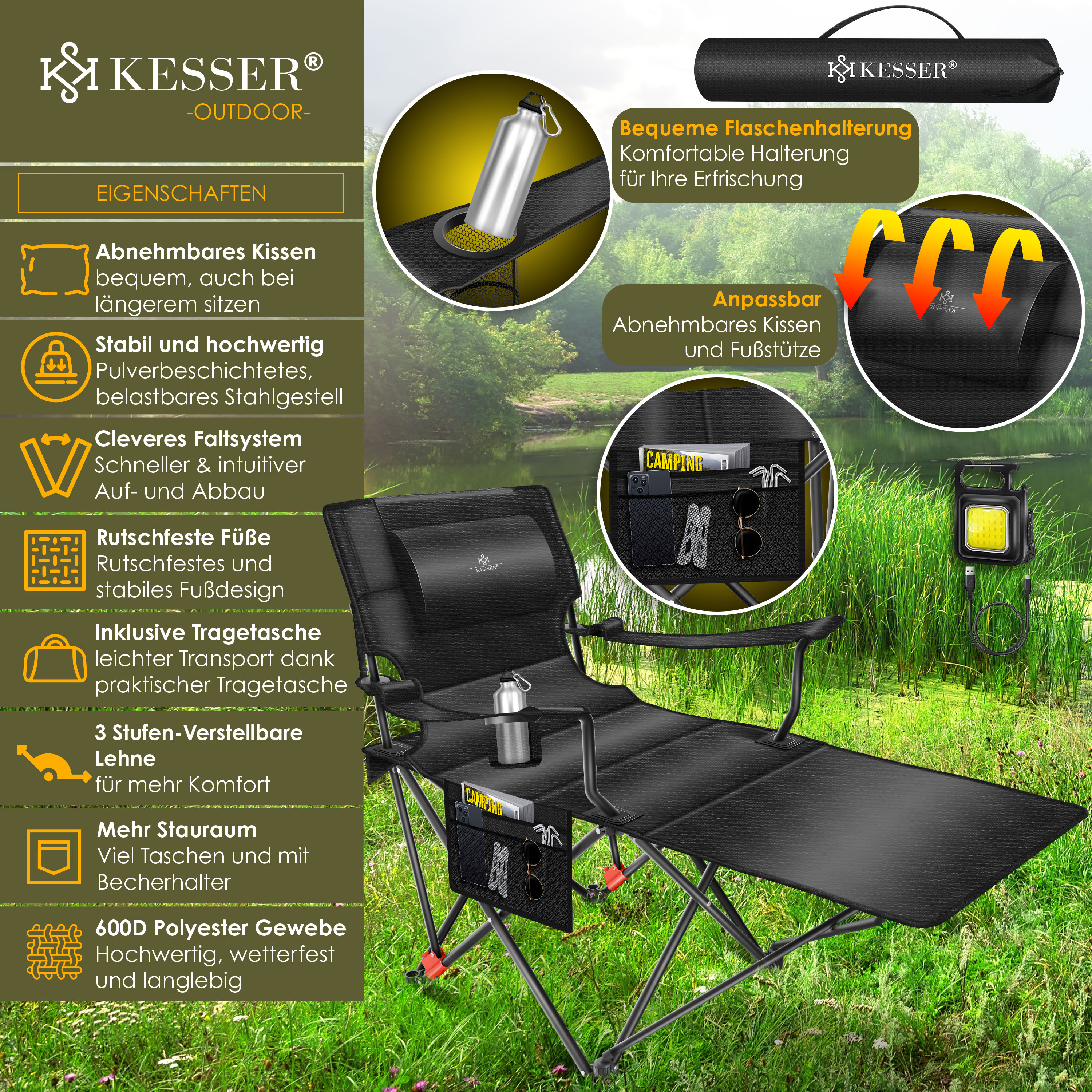 KESSER Campingliege Campingstuhl 2in1 bis 160kg | Feldbett klappbar |  Campingbett faltbar extra breit | Campinglicht & Getrnkehalter +  Aufbewahrungstasche & Transporttasche | Angelliege verstellbar | eShopping  - einfach besser einkaufen!